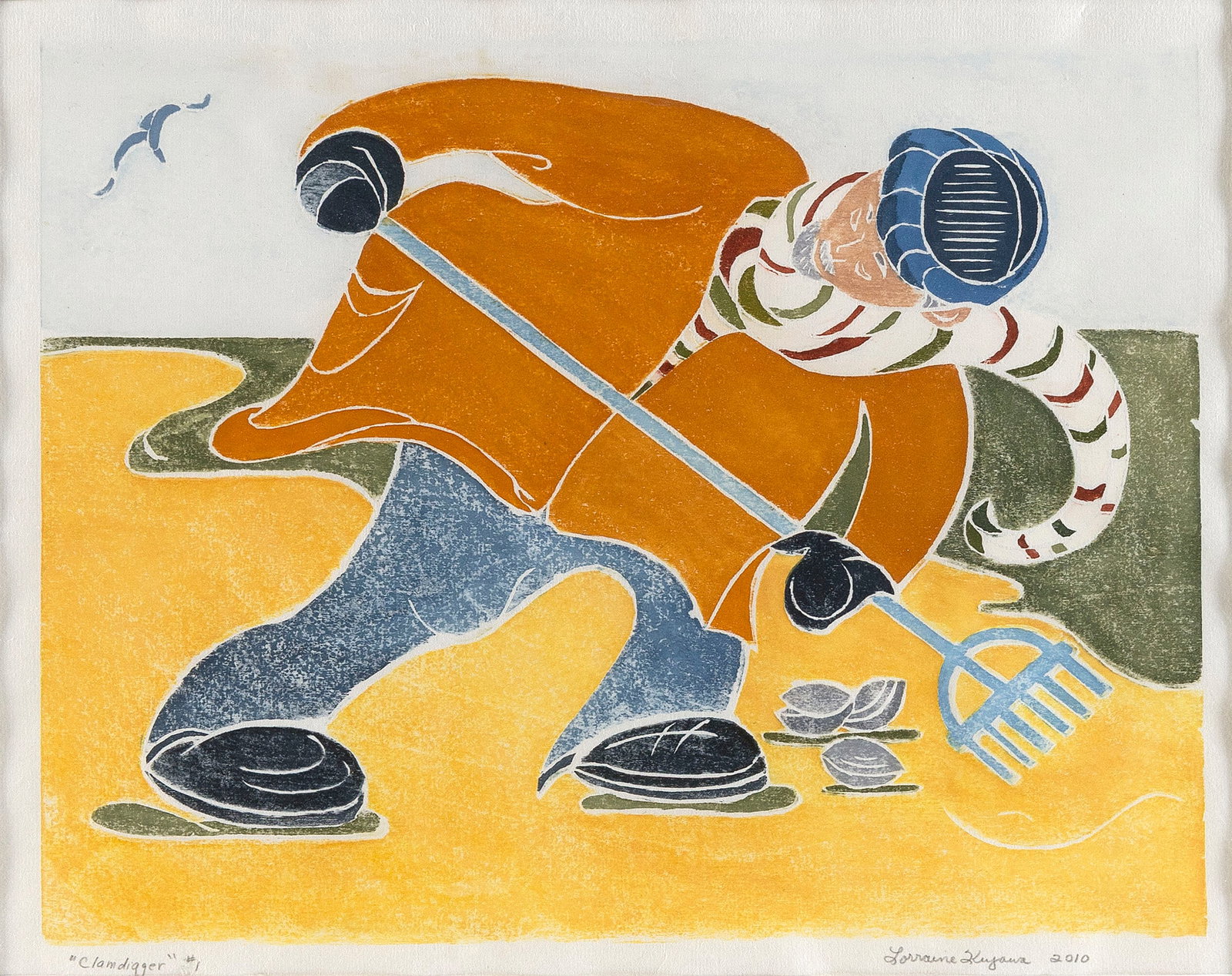 LORRAIN KUJAWA (Massachusetts, Contemporary), "Clam Digger #1", 2001., White-line color woodcut, 11" (1 of 3)