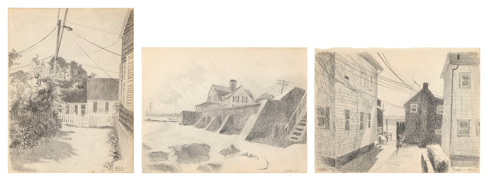 WILLIAM BEHNKEN (New York, 1943-), Three Provincetown views:, Pencils on buff woven paper, 10.25" x (1 of 1)