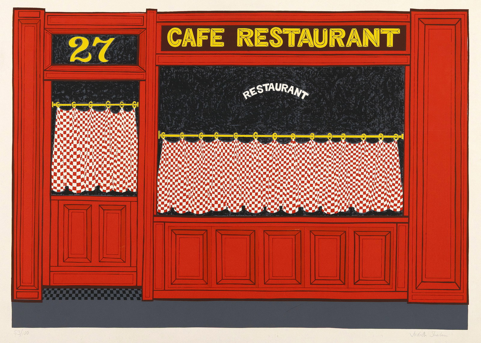 JUDITH SHAHN (New York, 1929-2009), "Cafe Restaurant"., Color screenprint, sheet 20" x 28".: JUDITH SHAHNNew York, 1929-2009"Cafe Restaurant". Signed and numbered 53/100 in pencil lower margin.Color screenprint, sheet 20" x 28". Unframed.