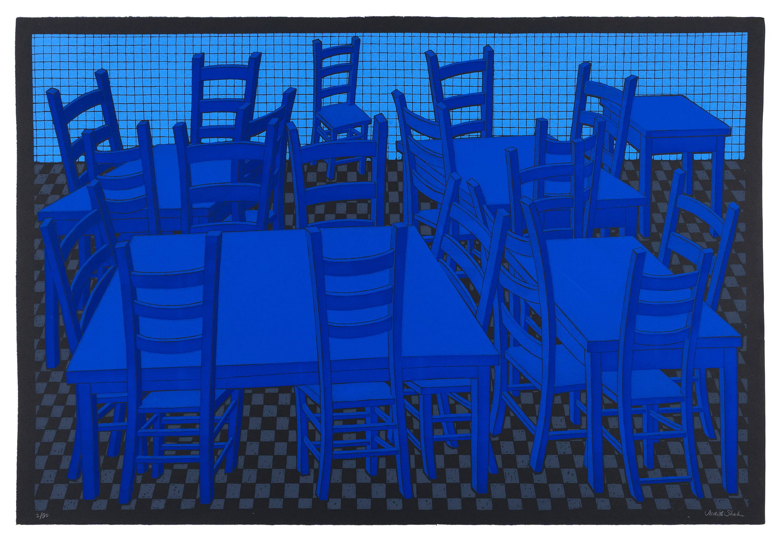 JUDITH SHAHN (New York, 1929-2009), Blue table and chairs on a checkered floor., Color screenprint: JUDITH SHAHNNew York, 1929-2009Blue table and chairs on a checkered floor. Signed and numbered 2/90 in white chalk lower margin.Color screenprint on black paper, 25.75" x 36". Unframed.
