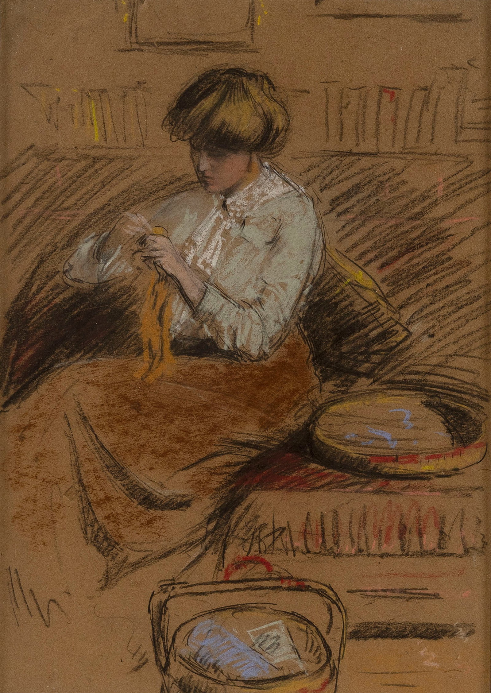GIFFORD BEAL (New York, 1879-1956), Maude Sewing, circa 1907., Pastels on brown paper, 17.25" x 12" (1 of 3)