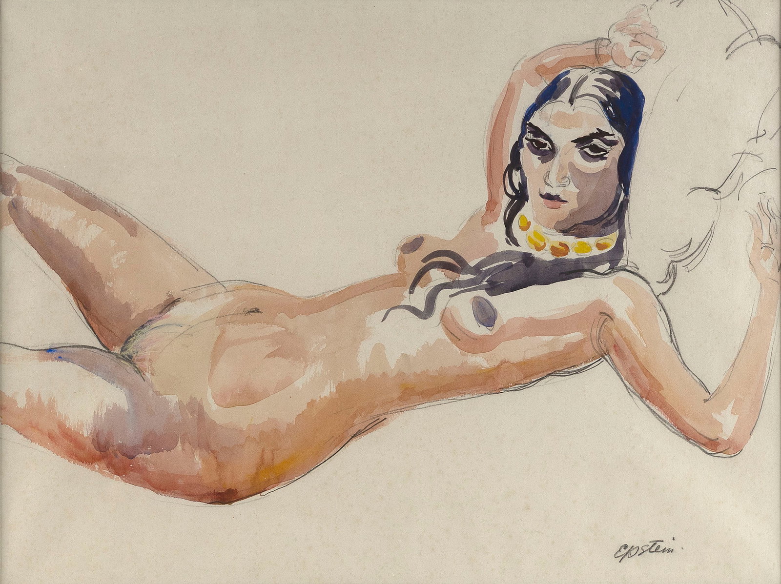 SIR JACOB EPSTEIN (New York/United Kingdom, 1880-1959), Nude with gold necklace., Graphite and: SIR JACOB EPSTEIN New York/United Kingdom, 1880-1959 Nude with gold necklace. Signed lower right "Epstein". Graphite and watercolor on paper, 16.25" x 21.75". Framed 21.5" x 27.25".