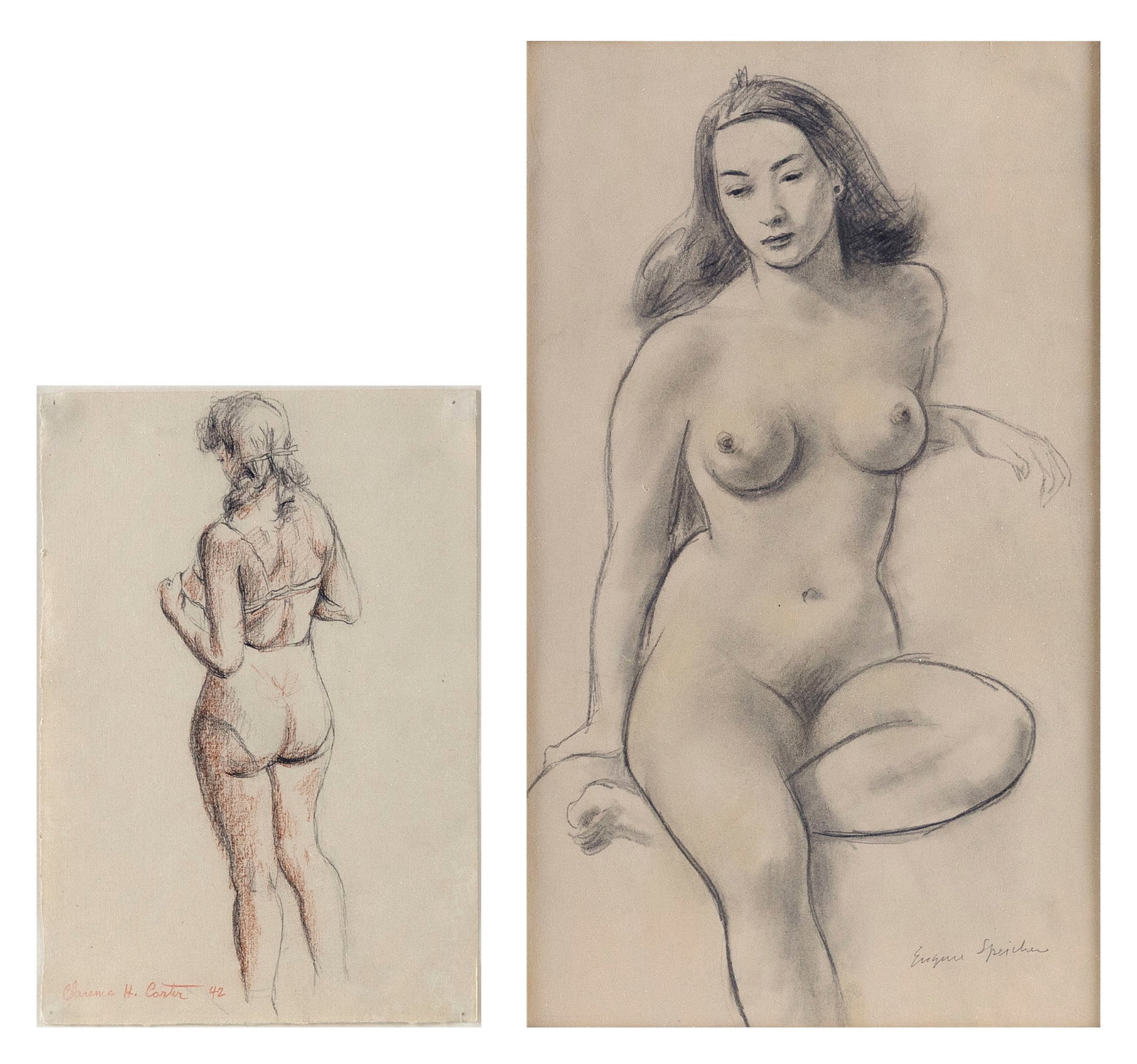 FIGURAL PORTRAITS BY CLARENCE CARTER AND EUGENE SPEICHER 20th Century: FIGURAL PORTRAITS BY CLARENCE CARTER AND EUGENE SPEICHER20th Century1) Seated nude by Eugene Speicher (New York, 1883-1962). Signed lower right "Eugene Speicher". Ex-collection Maxwell Fine Paintings,