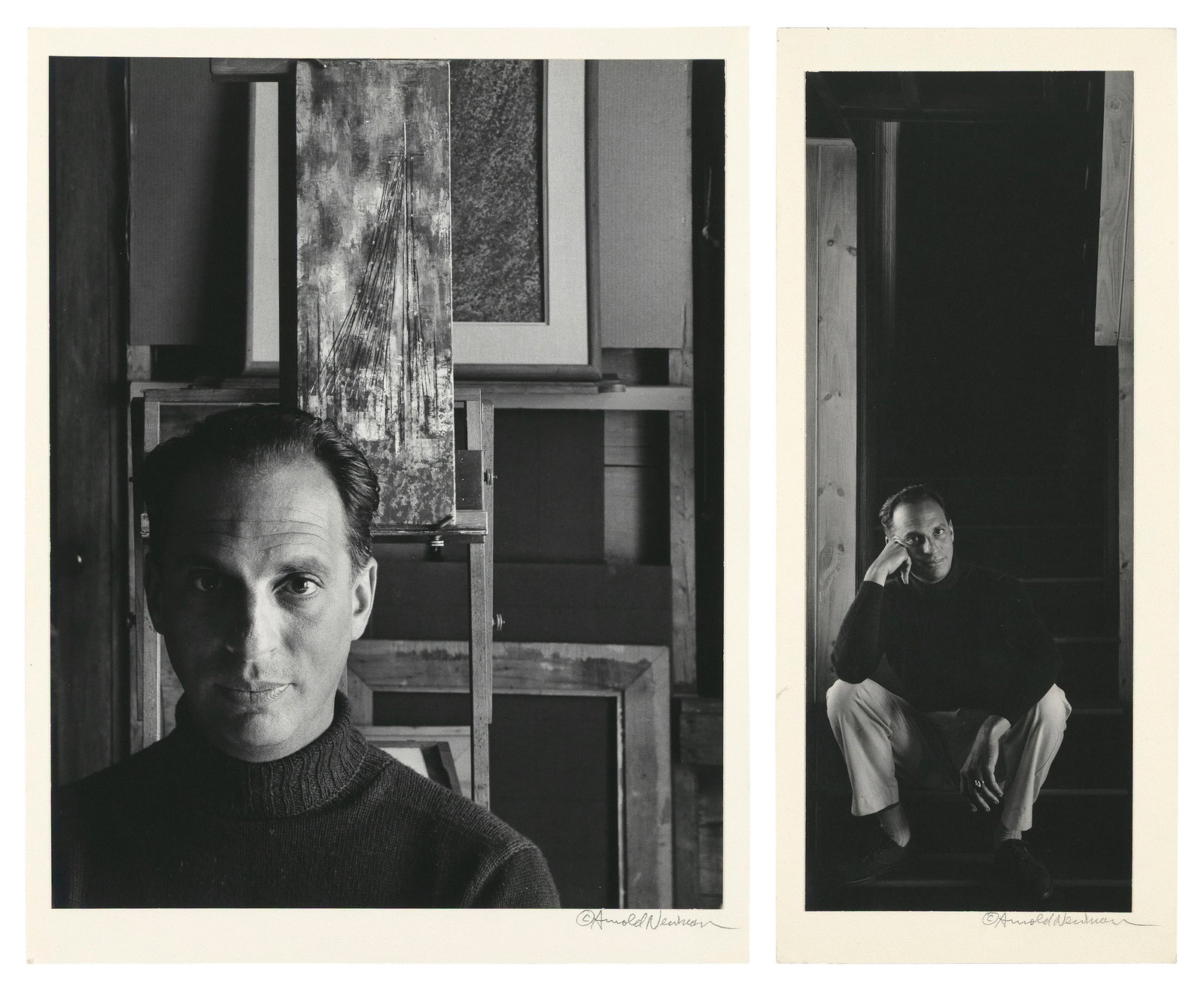 ARNOLD NEWMAN (New York, 1918-2006), Two photographs of artist Richard Florsheim (Illinois,: ARNOLD NEWMANNew York, 1918-2006Two photographs of artist Richard Florsheim (Illinois, 1916-1976): "Richard A. Florsheim, Provincetown, MA", 1956. Both signed in pencil lower right. Both with the phot