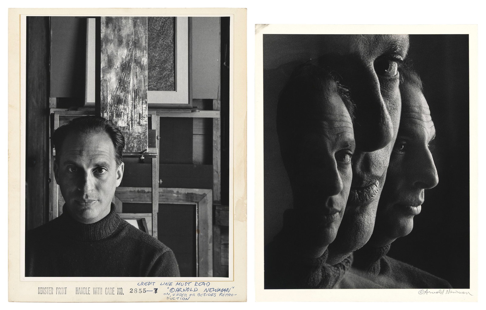 ARNOLD NEWMAN (New York, 1918-2006), Two photographs of artist Richard Florsheim (Illinois,: ARNOLD NEWMANNew York, 1918-2006Two photographs of artist Richard Florsheim (Illinois, 1916-1976): "Richard A. Florsheim, Provincetown, MA", 1956. One signed in pencil lower right. Other stamped "Mast