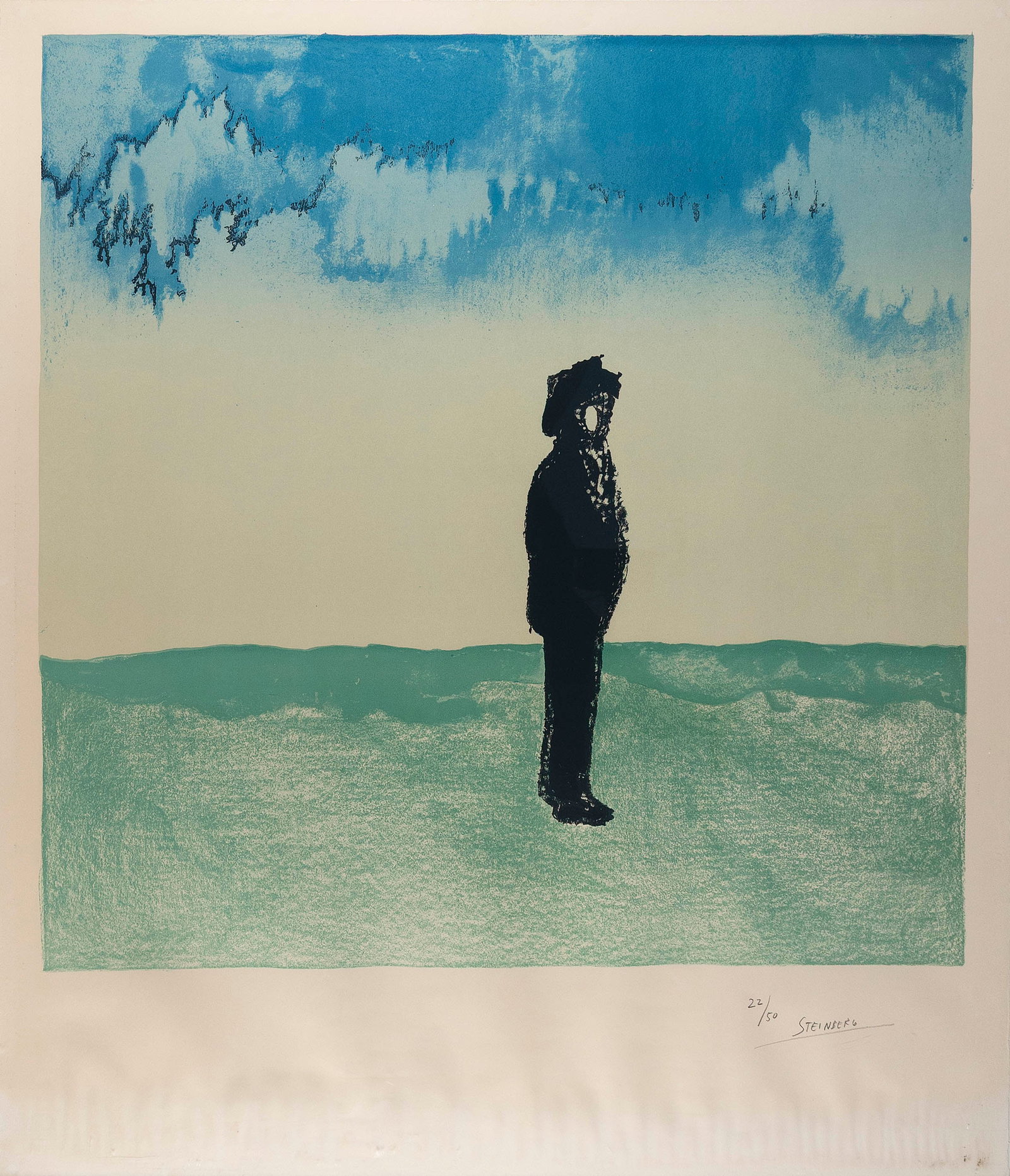 SAUL STEINBERG (New York/Italy, 1914-1999), Man in a desolate landscape., Color lithograph, 55" x: SAUL STEINBERGNew York/Italy, 1914-1999Man in a desolate landscape. Signed and numbered 22/50 in pencil lower margin.Color lithograph, 55" x 47". Framed 56" x 49".