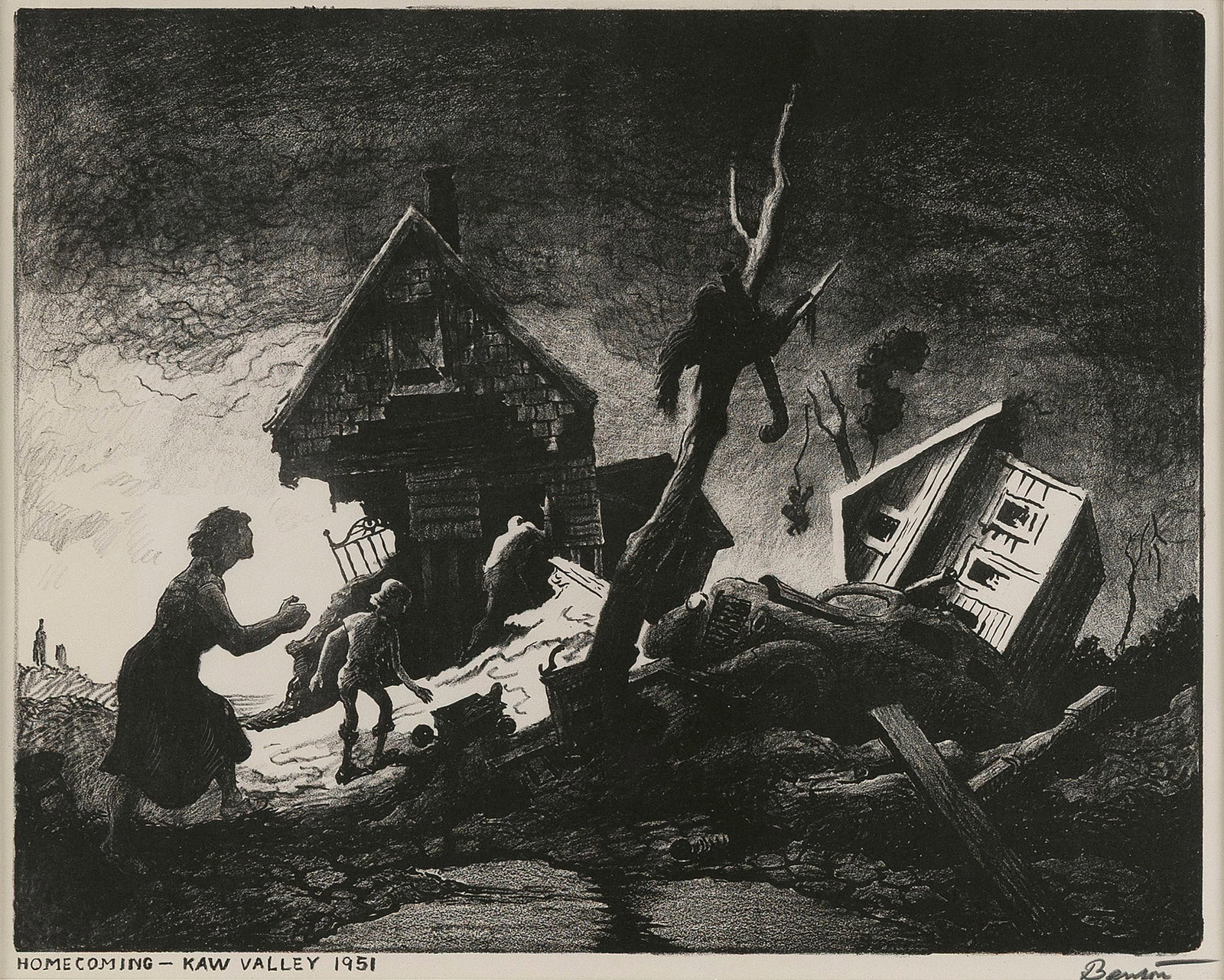 THOMAS HART BENTON (Missouri/Massachusetts, 1889-1975), "Homecoming Kaw Valley"., Offset lithograph,: THOMAS HART BENTONMissouri/Massachusetts, 1889-1975"Homecoming Kaw Valley". Signed in pencil lower right. A very good impression of this scarce print. Fath p. 6-7.Offset lithograph, 11.5" x 14.75". Fr