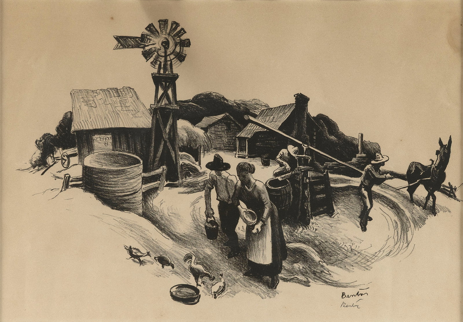 THOMAS HART BENTON (Missouri/Massachusetts, 1889-1975), "Missouri Farmyard", 1936., Lithograph, 16" (1 of 3)