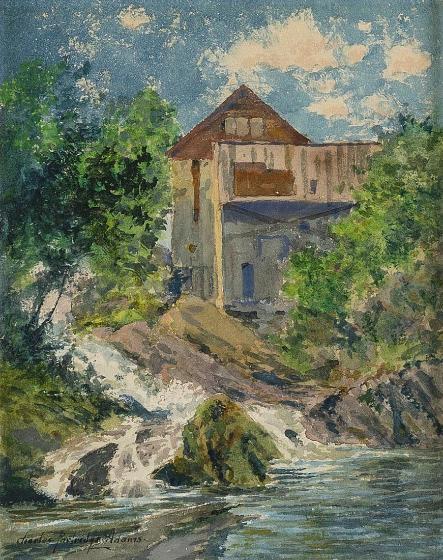 CHARLES PARTRIDGE ADAMS (Colorado/California, 1858-1942), "Mill Near Plainfield, N.H."., Watercolor: CHARLES PARTRIDGE ADAMSColorado/California, 1858-1942"Mill Near Plainfield, N.H.". Signed lower left "Charles Partridge Adams". Ex-collection David Cook Gallery, Denver, with their label affixed to th