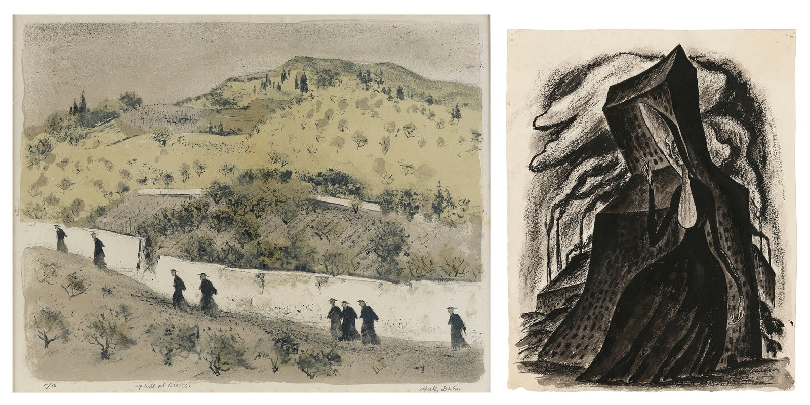 ADOLF ARTHUR DEHN (New York/Minnesota, 1895-1968), Two works: ADOLF ARTHUR DEHNNew York/Minnesota, 1895-1968Two works: 1) A nun in an industrial landscape. Partial pencil sketch of two nuns in a landscape verso. Mixed media on paper, 12.25" x 10". Unframed. 2) "
