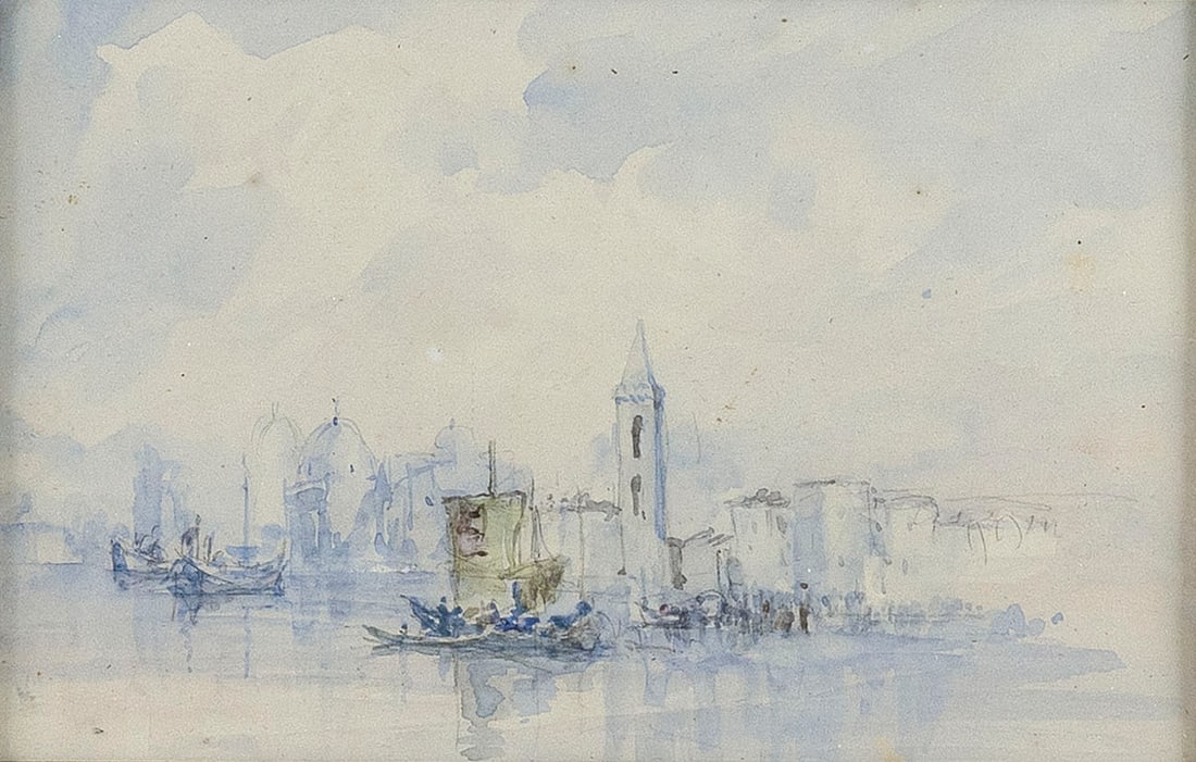 TRUMAN SEYMOUR (New York/Italy, 1824-1891), Venice., Watercolor on ledger paper, 5" x 7.25". Framed: TRUMAN SEYMOURNew York/Italy, 1824-1891Venice. Unsigned. Ex-collection Richardson-Clarke Gallery, Boston, with their label on the frame back noting the work is from the artist's estate.Watercolor on l
