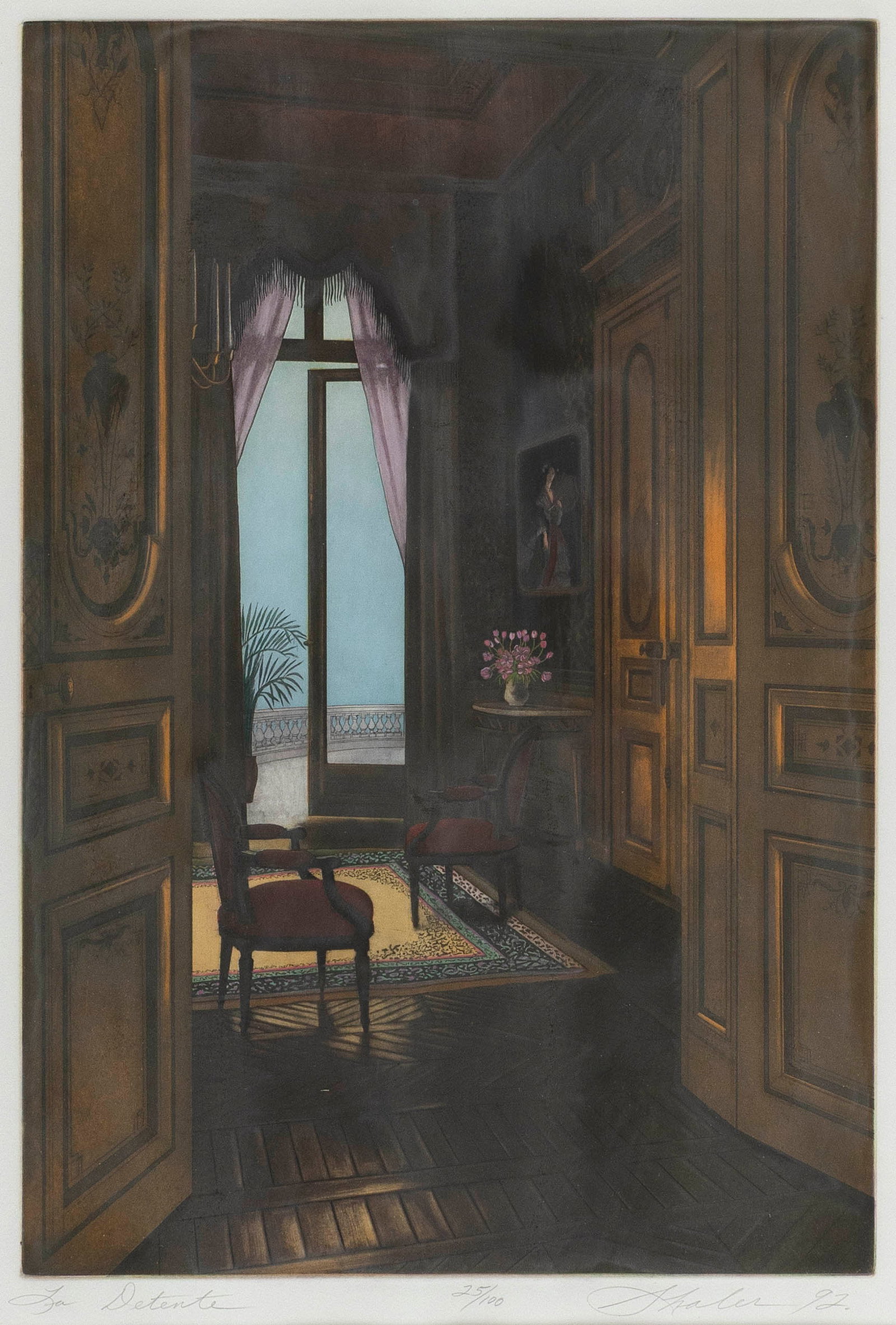 LYNN SHALER (New York/France, 1955-), "La Detante"., Color aquatint, 19" x 12.75". Framed 30" x 23".: LYNN SHALERNew York/France, 1955-"La Detante". Signed, titled, dated and numbered 25/100 in pencil lower margin.Color aquatint, 19" x 12.75". Framed 30" x 23".