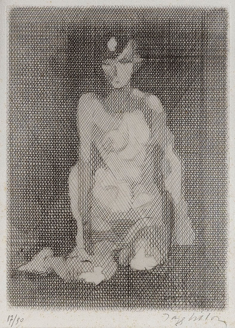JACQUES (GASTON DUCHAMP) VILLON (France, 1875-1963), "Nu a genoux", 1929., Etching with drypoint on: JACQUES (GASTON DUCHAMP) VILLONFrance, 1875-1963"Nu a genoux", 1929. Third state (of three). Signed and numbered 17/50 in pencil lower margin. Ginestet & Pouillon E328.Etching with drypoint on laid pa