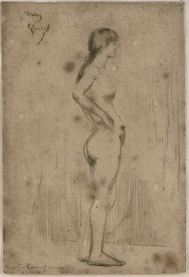THEODORE ROUSSEL (United Kingdom, 1847-1926), "Study of a Girl Standing", 1890., Drypoint, 4.75" x: THEODORE ROUSSELUnited Kingdom, 1847-1926"Study of a Girl Standing", 1890. Edition of 20. Signed in pencil lower right. Hausberg 41; Roussel 21; Mackay 32.Drypoint, 4.75" x 3.25". Framed 12.25" x 10.2