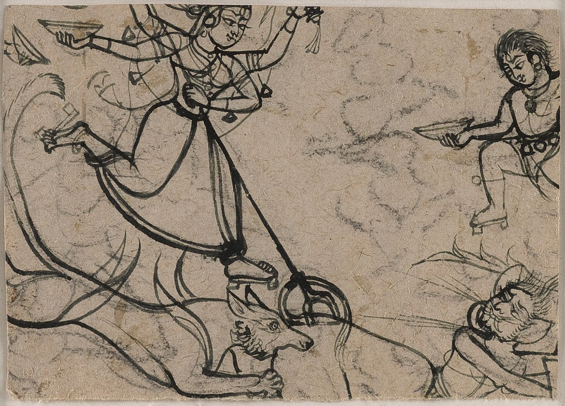 ORIGINAL WORK DEPICTING MAHISHASURA MARDINI SLAYING THE BUFFALO DEMON KOTAH Mid-18th Century Pen and (1 of 3)