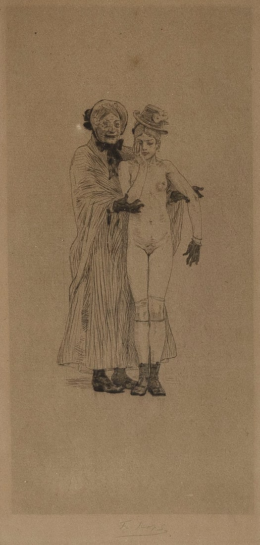 AFTER FELICIEN ROPS (Belgium/France, 1833-1898), "Ma Fille, Monsieur Cabanel"., Drypoint, 10.25" x: AFTER FELICIEN ROPS Belgium/France, 1833-1898 "Ma Fille, Monsieur Cabanel". Signed in pencil lower center. Van Gelder Zonen watermark (fleur-de-lis with crown and "VGZ"). Exteens 411. Drypoint,