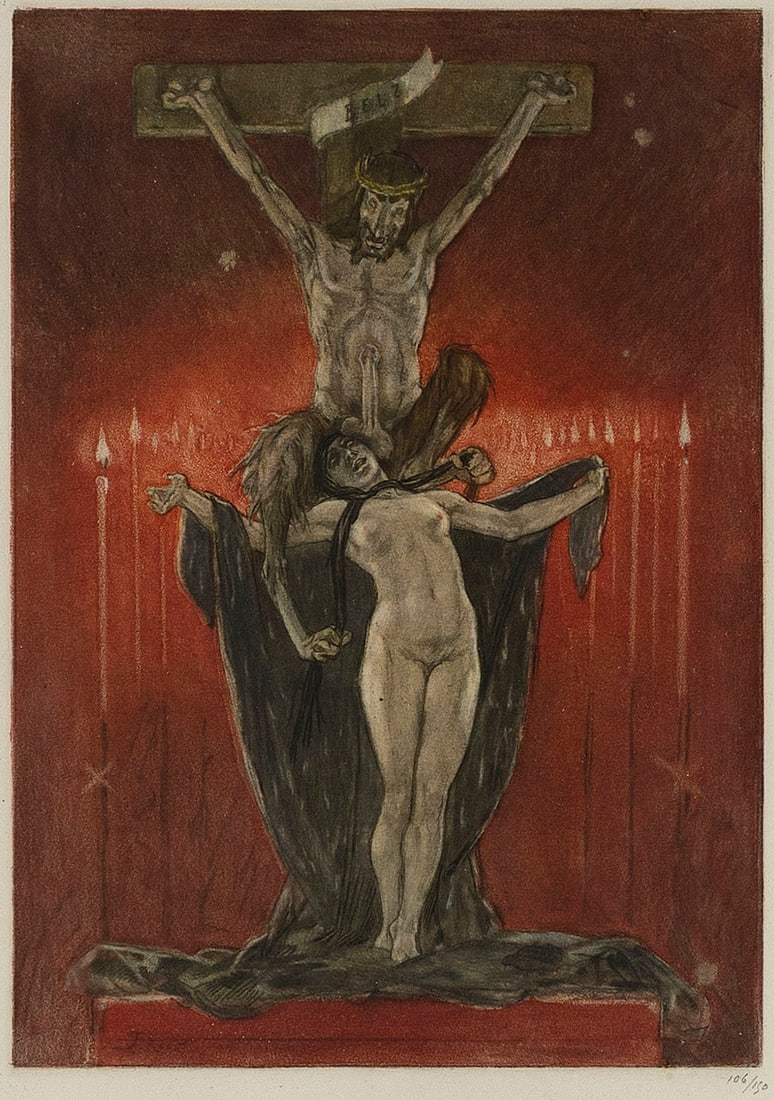 AFTER FELICIEN ROPS (Belgium/France, 1833-1898), "Le Calvaire", Color etching, sheet 19" x 13".: AFTER FELICIEN ROPS Belgium/France, 1833-1898 "Le Calvaire", from Les Sataniques. Published by Gustave Pellet, with their red ink stamp lower right. Etched by Albert Bertrand. Numbered 106/150 in