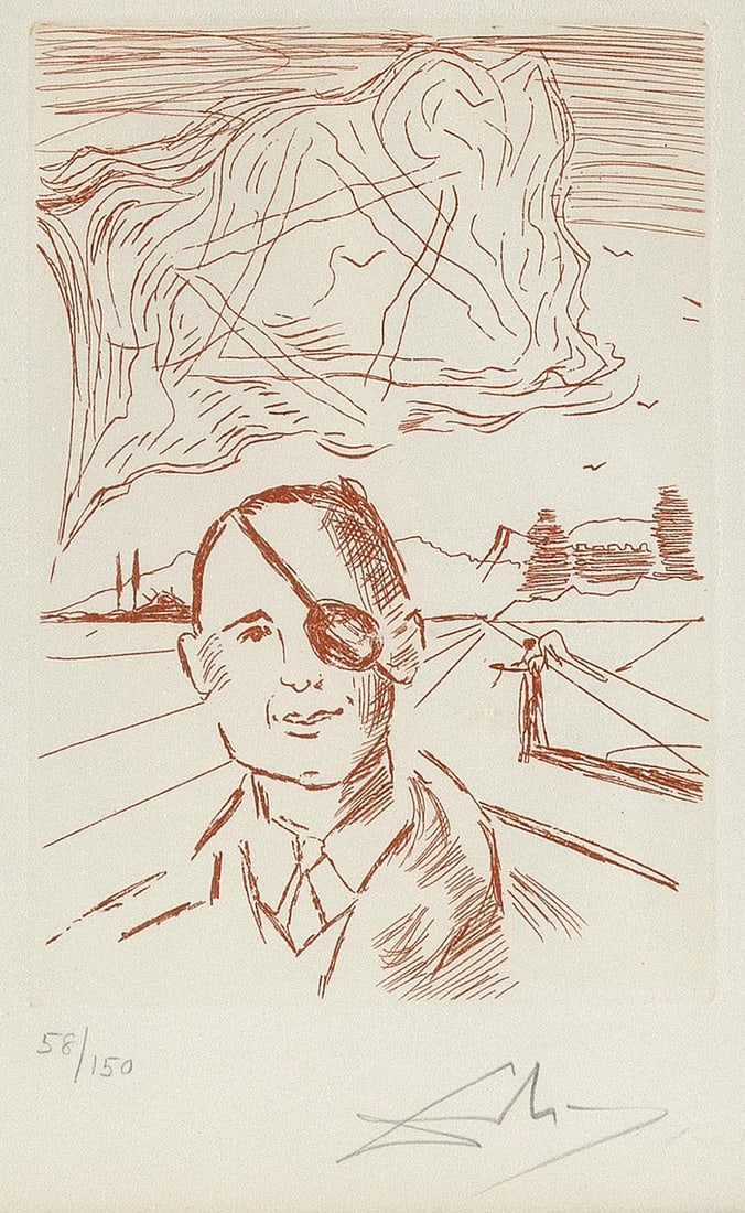 SALVADOR DALI (Spain/France, 1904-1989), "Moshe Dayan", from the 1968 Famous Heads suite., Sanguine: SALVADOR DALI Spain/France, 1904-1989 "Moshe Dayan", from the 1968 Famous Heads suite. Signed in pencil lower right. Numbered 58/150. Sanguine etching, 9.5" x 7" sight. Framed 15.5" x 12.5".