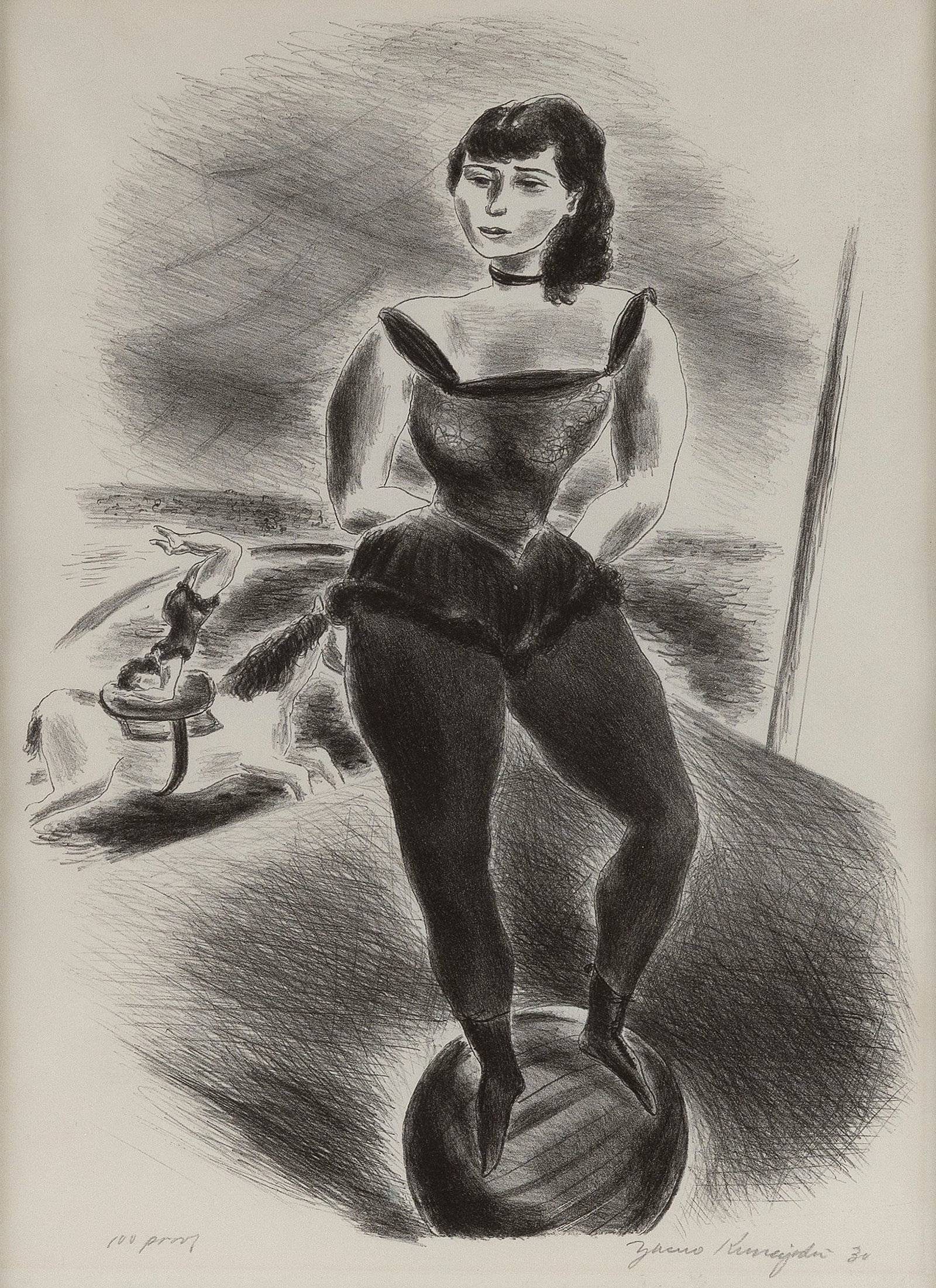 YASUO KUNIYOSHI (New York/California/Japan, 1889-1953), "Circus Performer Balanced on a Ball",: YASUO KUNIYOSHI New York/California/Japan, 1889-1953 "Circus Performer Balanced on a Ball", 1930. Printed by George Miller, New York. Edition of 100. Signed, dated and inscribed "100 proofs" in