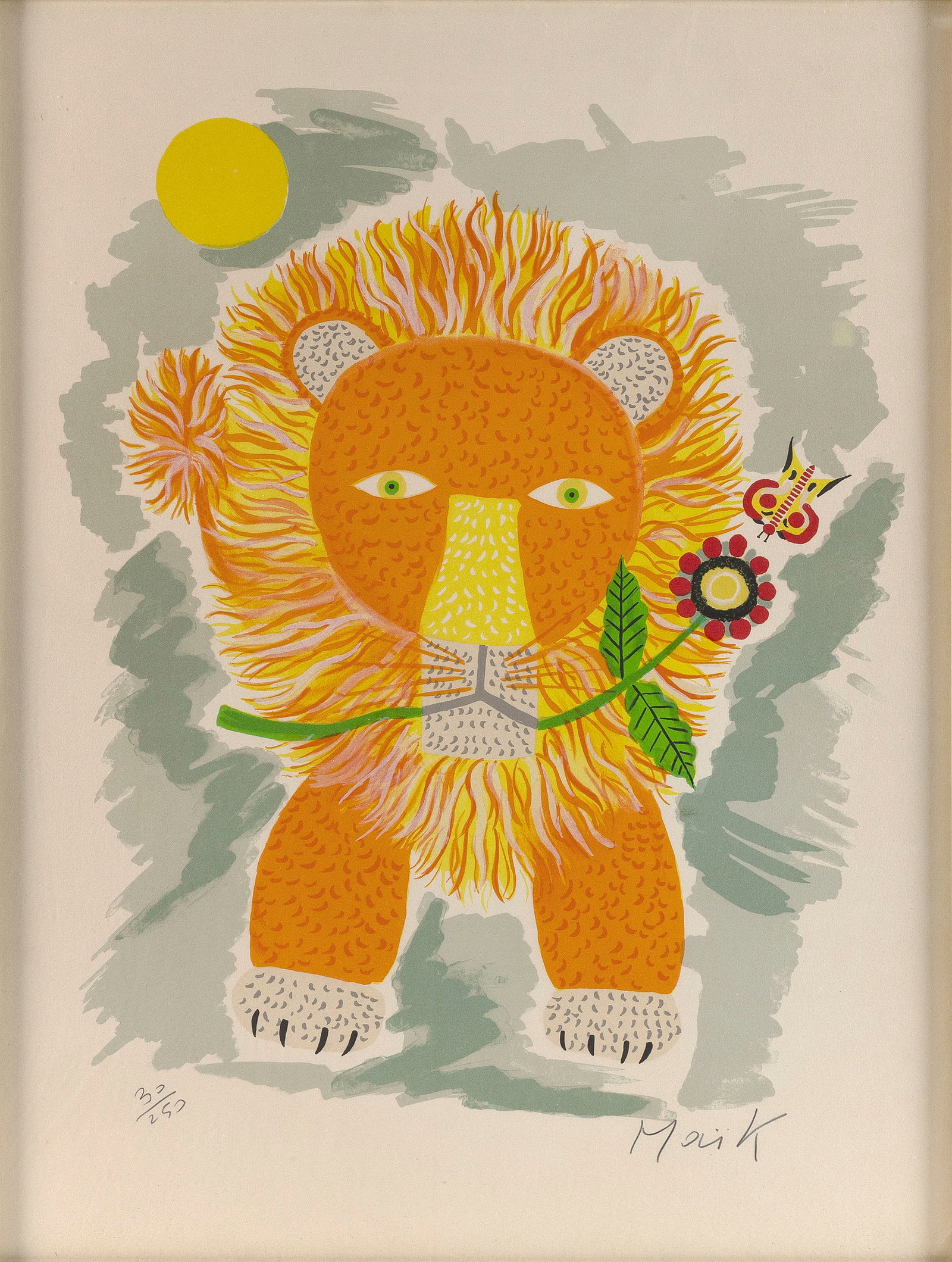 HENRI HECHT MAIK (France, 1922-1993), "The Lion"., Color lithograph, 29" x 22" sight. Framed 31" x: HENRI HECHT MAIK France, 1922-1993 "The Lion". Signed in pencil lower right "Maik" and numbered 30/250 lower left. Color lithograph, 29" x 22" sight. Framed 31" x 24".