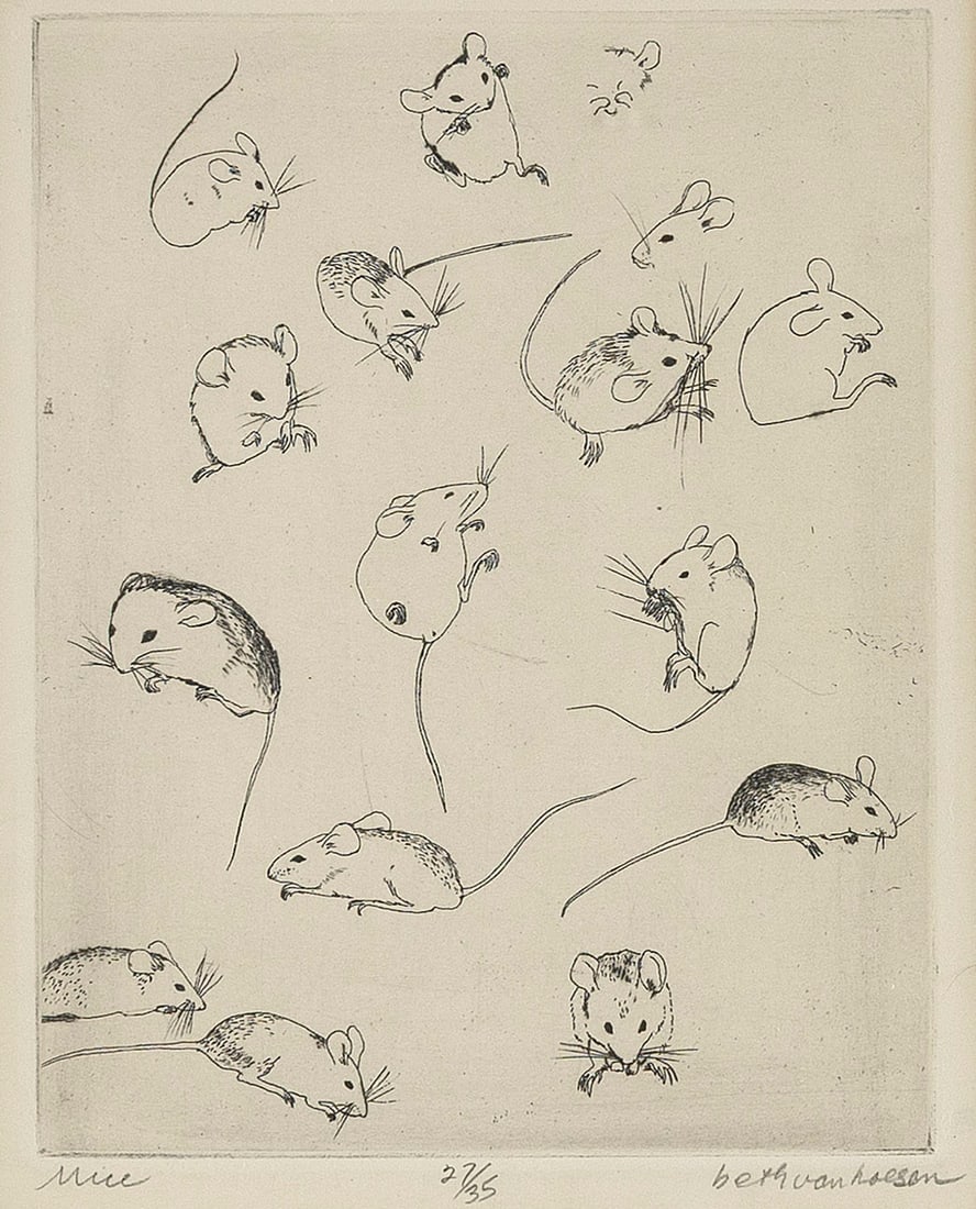 BETH VAN HOESEN (California/Idaho, 1926-2010), "Mice"., Etching, 6.75" x 5". Framed 12.5" x 10.5".: BETH VAN HOESEN California/Idaho, 1926-2010 "Mice". Signed, titled and numbered 27/35 in pencil lower margin. Etching, 6.75" x 5". Framed 12.5" x 10.5".