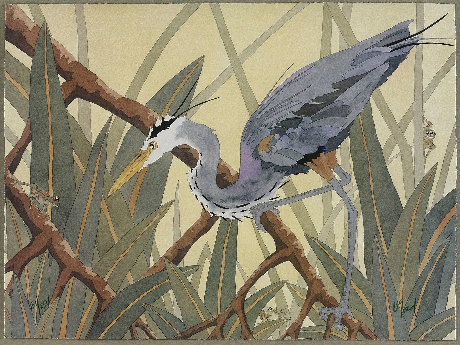 DAN GOAD (Georgia, 1952-), Blue heron amongst frogs., Color lithograph, 17.5" x 23.5". Framed 32" x: DAN GOAD Georgia, 1952- Blue heron amongst frogs. Signed and numbered 131/850 in green pencil in lower corners of image. Color lithograph, 17.5" x 23.5". Framed 32" x 38".