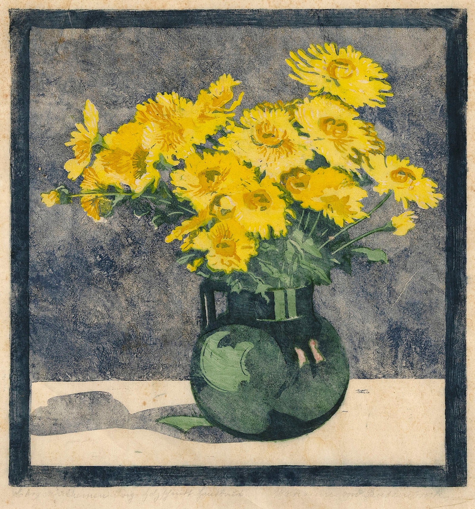 MARIANNE VON BUDDENBROCK (Germany, 1864-1916), "Blumenstilleben mit gelben Chrysanthemen", circa: MARIANNE VON BUDDENBROCK Germany, 1864-1916 "Blumenstilleben mit gelben Chrysanthemen", circa 1925. Signed and titled in pencil lower margin. Color woodcut on thin fibrous paper, 10" x 9.75".