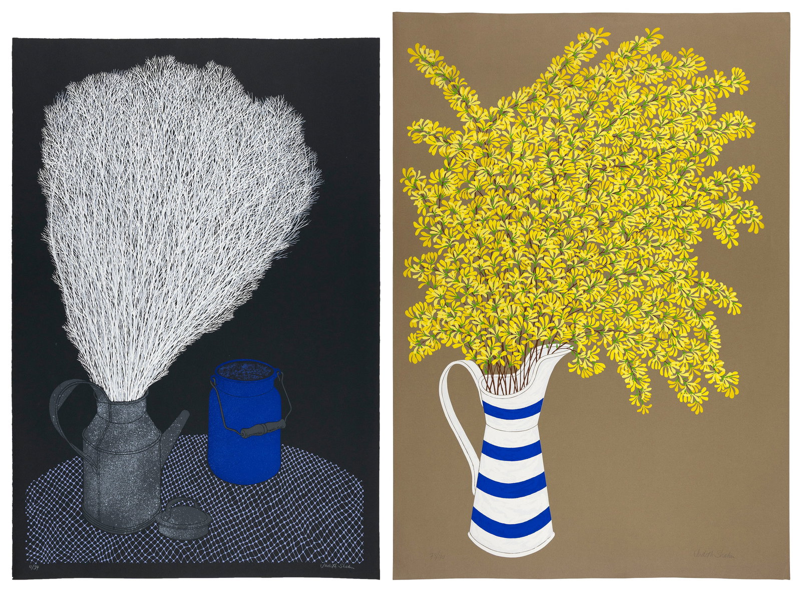JUDITH SHAHN (New York, 1929-2009), Two still lifes: JUDITH SHAHN New York, 1929-2009 Two still lifes: 1) Honeysuckle. Signed and numbered 73/100 in pencil lower margin. Color screenprint on brown Ingres Fabriano, 39.5" x 27.75". Unframed. 2) Tall