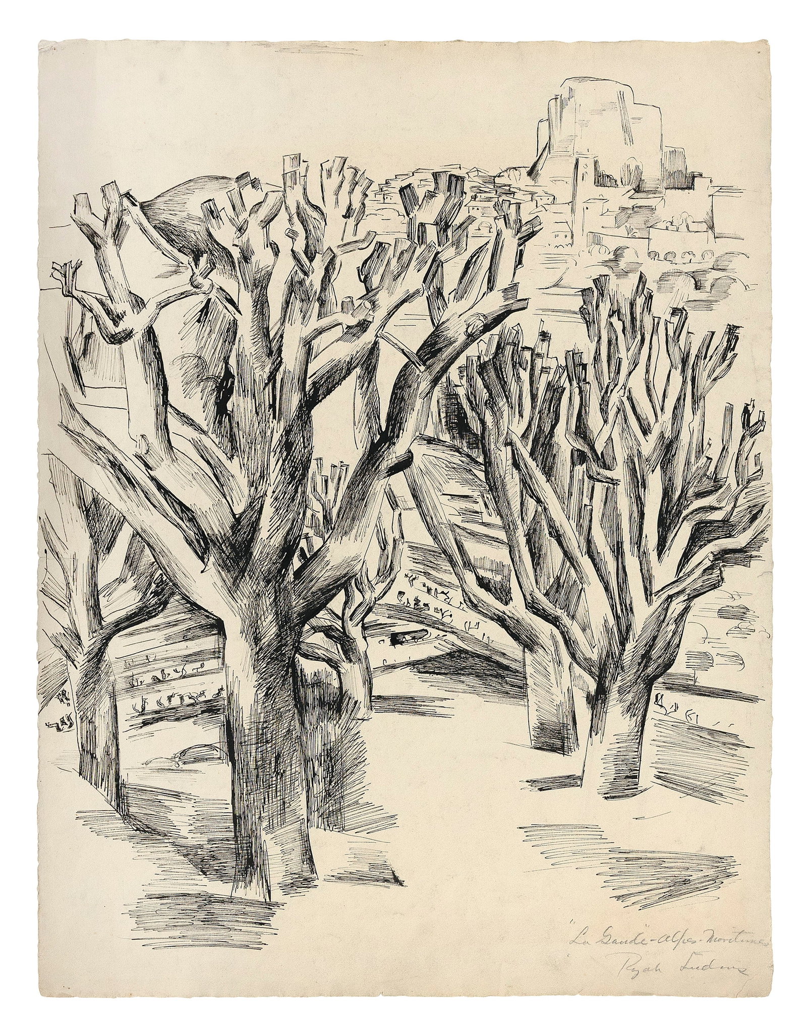 RYAH LUDINS (New York/Ohio, 1896-1957), "La Gaude- Alpes Maritimes"., Pen and ink on buff wove: RYAH LUDINSNew York/Ohio, 1896-1957"La Gaude- Alpes Maritimes". Signed "Ryah Ludins" and titled lower right.Pen and ink on buff wove paper, 22" x 17". Matted 24" x 20".