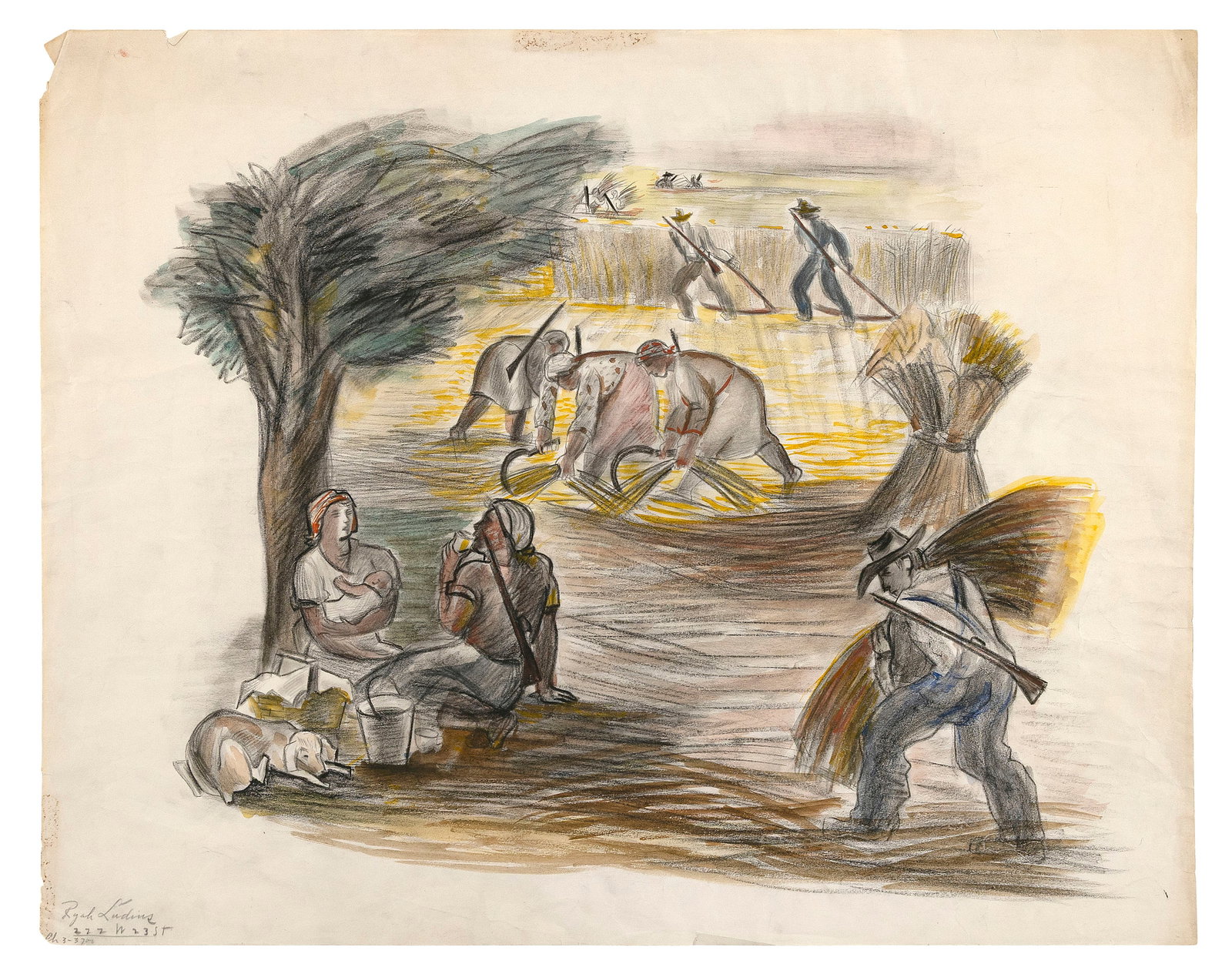 RYAH LUDINS (New York/Ohio, 1896-1957), Farm workers., Mixed media on smooth wove paper, 18.75" x: RYAH LUDINSNew York/Ohio, 1896-1957Farm workers. Signed and inscribed lower left "Ryah Ludins 222 W 23 St". The inscribed address is of Manhattan's infamous Chelsea Hotel, where Ludins lived and worke