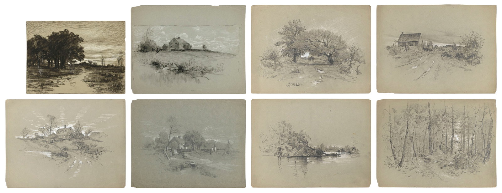 COLLECTION OF EIGHT DRAWINGS OF COUNTRY HOMESTEADS 19th Century (1 of 3)