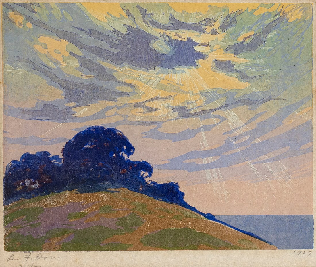 LEO F. DORN (Connecticut, 1879-1964), Sunlight through clouds., Color woodcut, 7.5" x 9.75". Framed: LEO F. DORNConnecticut, 1879-1964Sunlight through clouds. Signed, dated 1927 and numbered 25/50 in pencil lower margin.Color woodcut, 7.5" x 9.75". Framed 13.5" x 15.25".