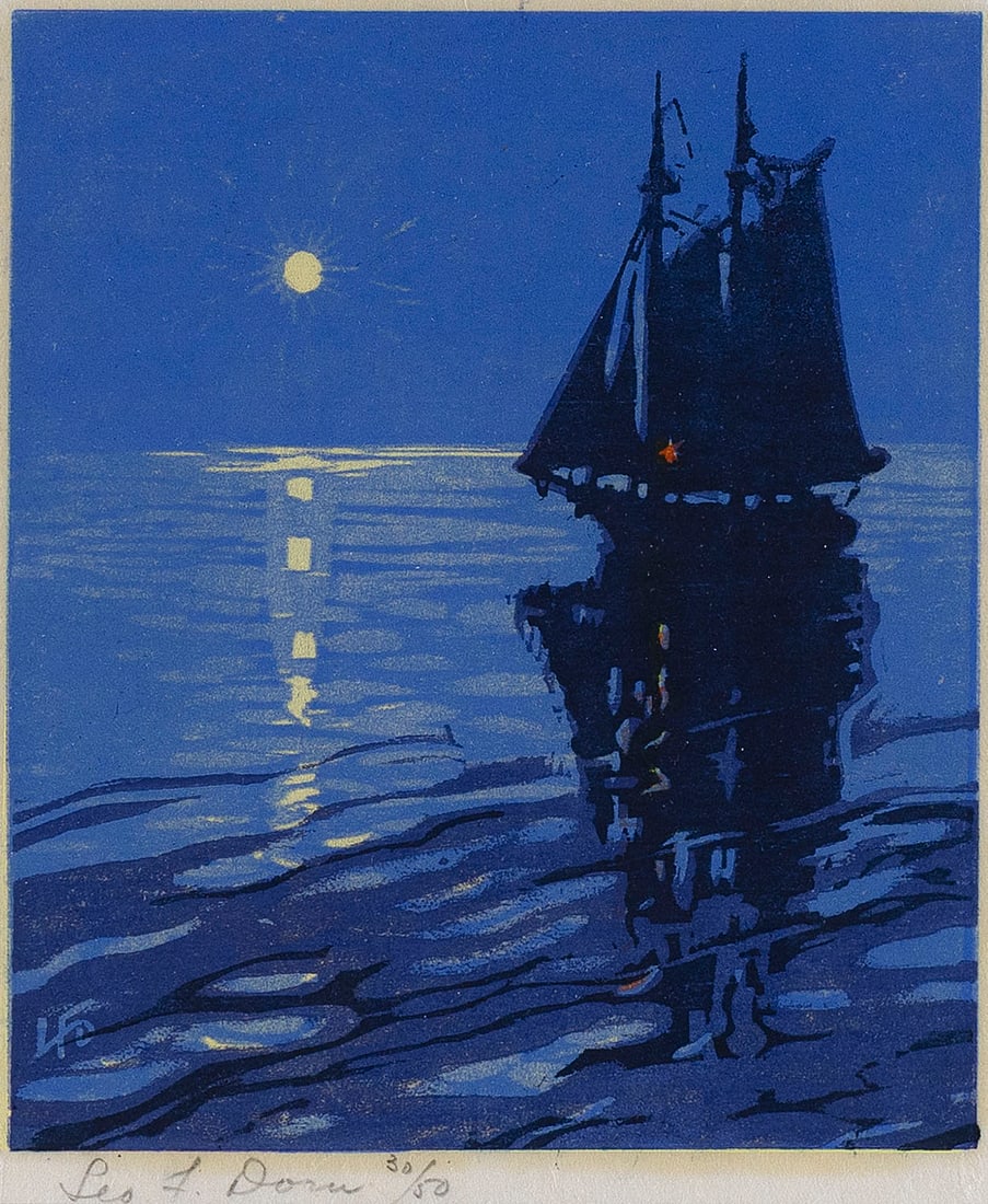 LEO F. DORN (Connecticut, 1879-1964), Red Light Moonlight., Color woodcut, 7.75" x 6.75". Framed 15" (1 of 3)