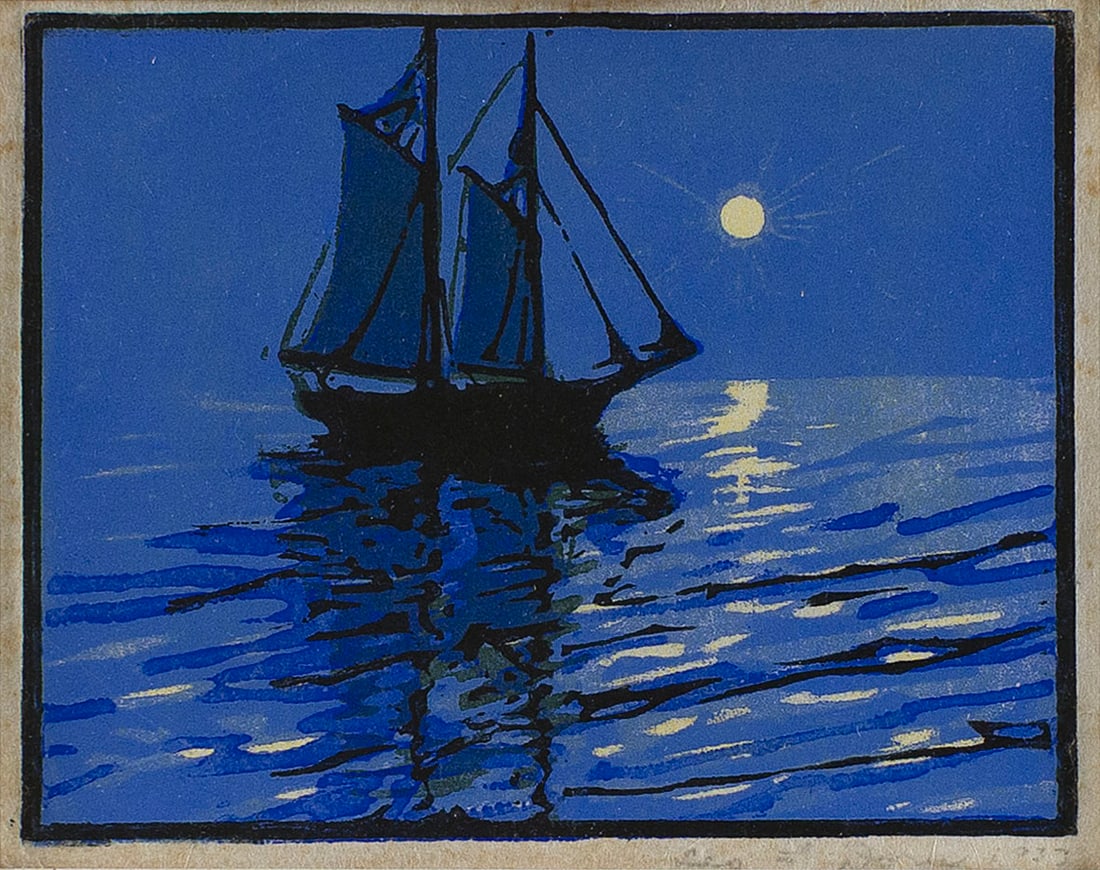 LEO F. DORN (Connecticut, 1879-1964), "Moonlight Sail", 1933., Color woodcut, 4.75" x 6". Framed: LEO F. DORNConnecticut, 1879-1964"Moonlight Sail", 1933. Signed and dated in pencil lower margin.Color woodcut, 4.75" x 6". Framed 11.5" x 14.75".