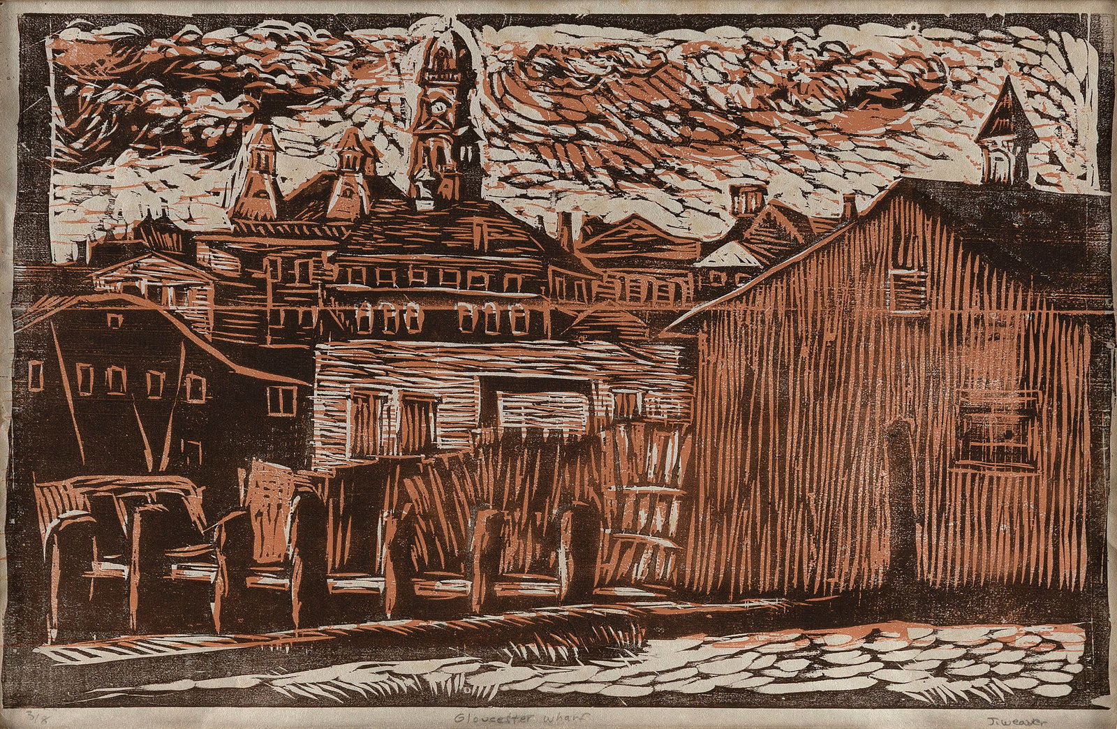 JEFF WEAVER (Massachusetts, 1953-), "Gloucester Wharf"., Color woodcut, 13.25" x 20.5" sight. Framed (1 of 2)