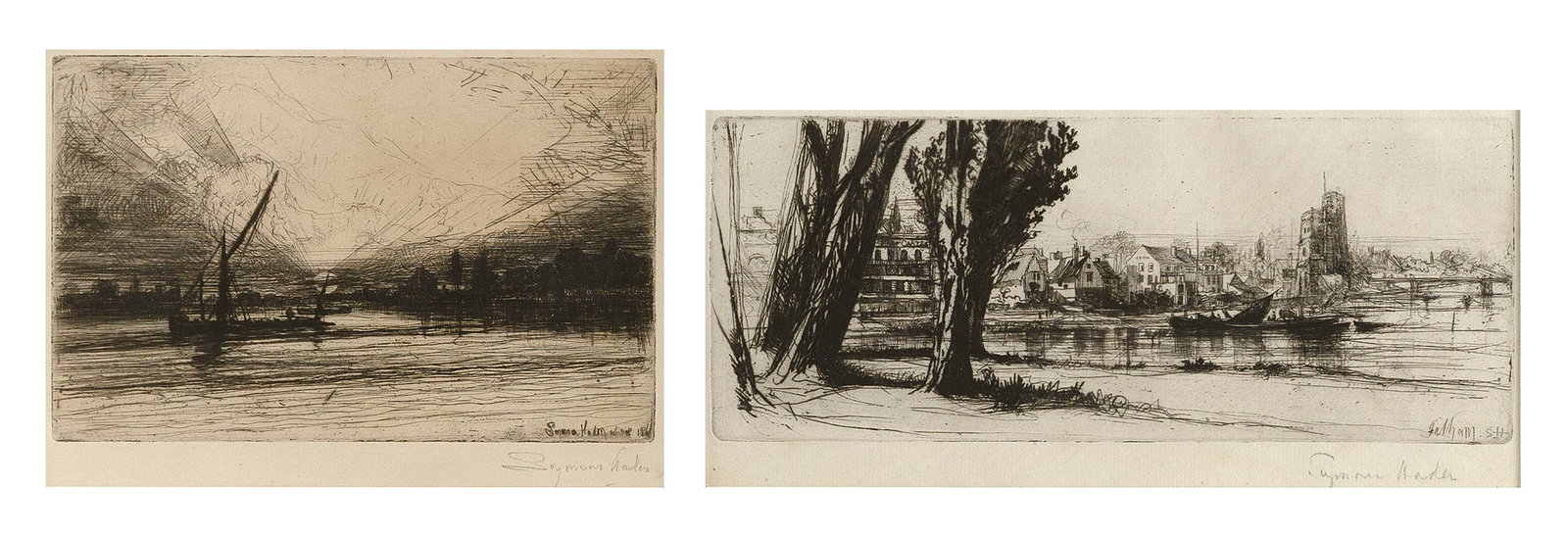 SIR FRANCIS SEYMOUR HADEN (United Kingdom/Ireland, 1818-1910), Two landscapes, Framed to 12.5" x (1 of 3)