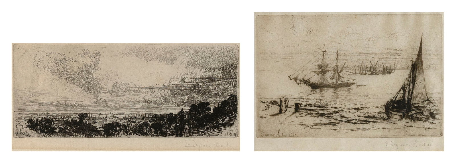 SIR FRANCIS SEYMOUR HADEN (United Kingdom/Ireland, 1818-1910), Two landscapes:, Framed to 18" x (1 of 3)
