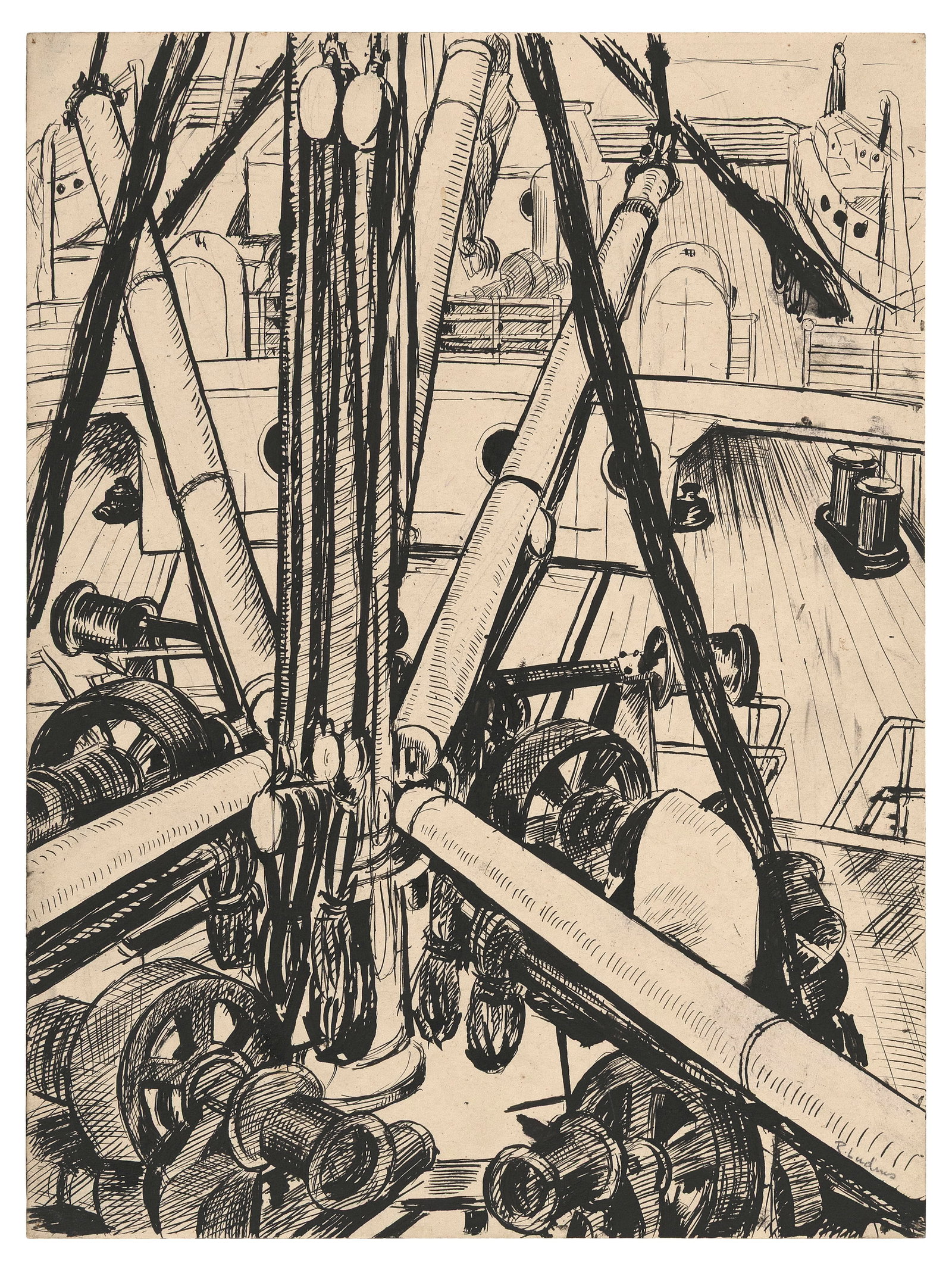RYAH LUDINS (New York/Ohio, 1896-1957), On shipboard., Pen and ink on smooth buff wove paper, 12" x (1 of 1)