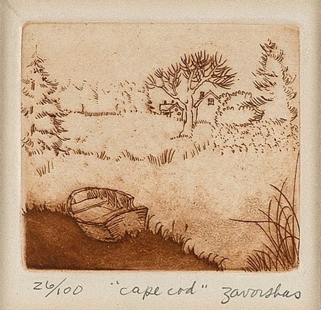 JOYCE GARDNER ZAVORSKAS (Massachusetts, 1945-), "Cape Cod"., Etching printed in sepia, 2.75" x (1 of 3)