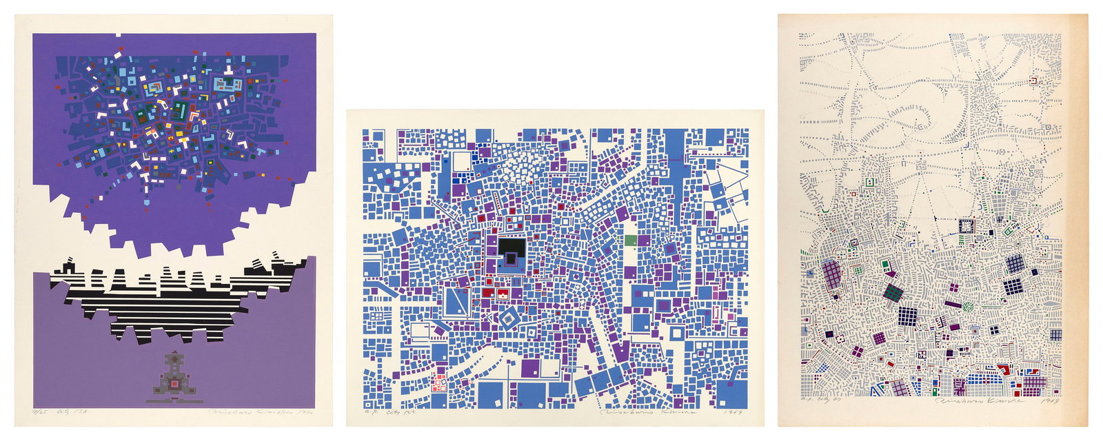 RISABURO KIMURA (Japan, 1924-2014), Three abstract city views: RISABURO KIMURAJapan, 1924-2014Three abstract city views: 1) "City 87", 1969. An artist's proof. Signed, titled, dated and inscribed "AP" in pencil lower margin. Color screenprint, sheet 22.5" x 18.75