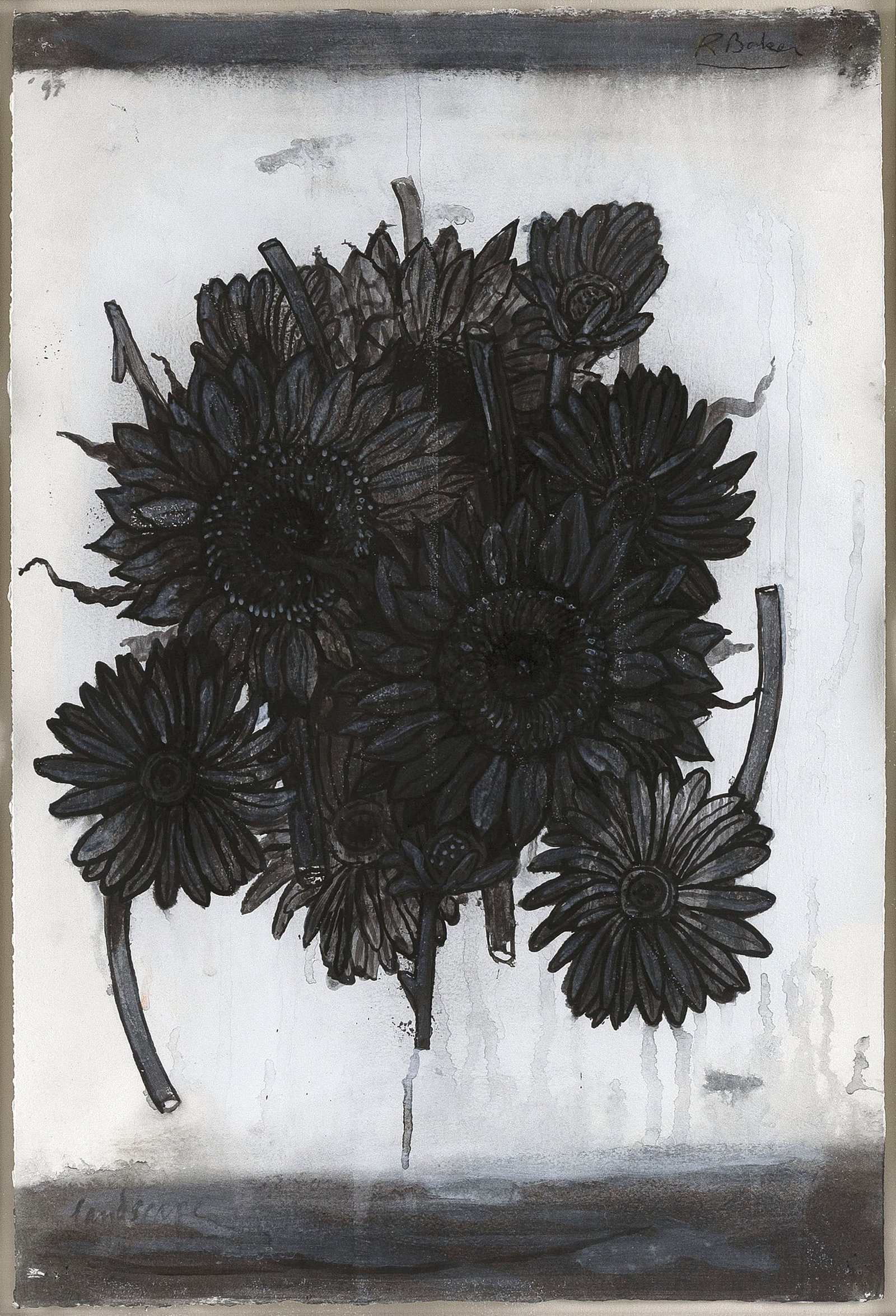 RICHARD BAKER (Massachusetts/Rhode Island, 1959-), "Landscape", 1997., Mixed media on paper, 22.5" x: RICHARD BAKERMassachusetts/Rhode Island, 1959-"Landscape", 1997. Signed upper right "R .Baker", dated "'97" upper left and titled lower left.Mixed media on paper, 22.5" x 15". Framed 31.25" x 24".