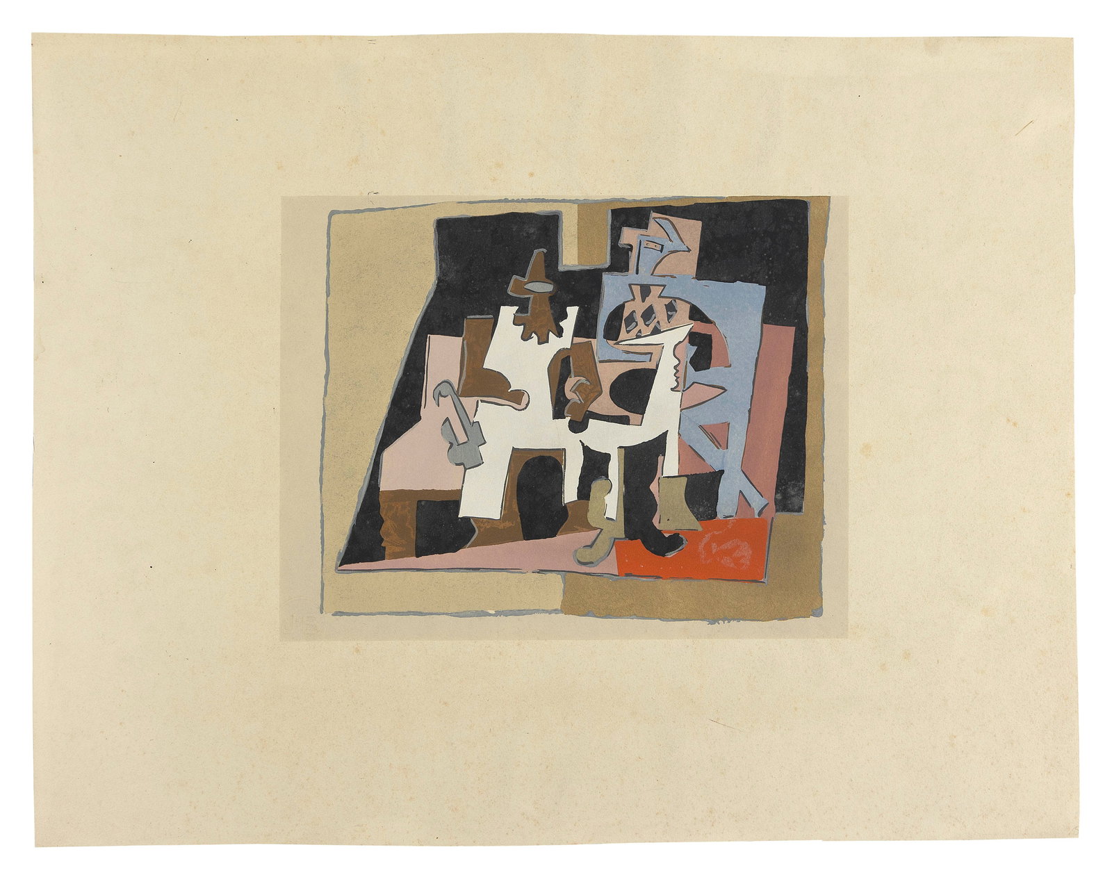 AFTER PABLO PICASSO (Spain/France, 20th Century), Interieur, 1920., Color pochoir, 10.5" x 5.5".: AFTER PABLO PICASSO Spain/France, 20th Century Interieur, 1920. From Dix Reproductions, Editions Jeanne Bucher, Paris, John Becker New York, 1933. One of 1,000 copies printed on Velin d'Arches. Color 