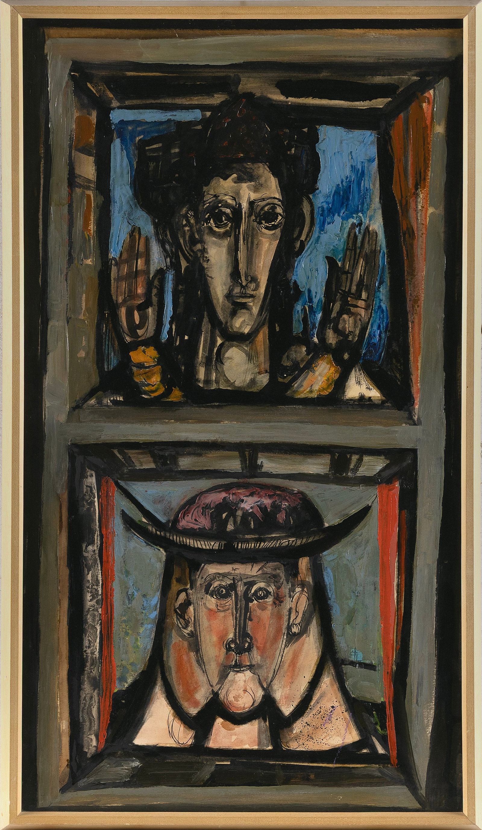 AMERICAN SCHOOL (Mid-20th Century,), Double portrait., Oil on board, 27.25" x 15". Framed 28.5" x (1 of 2)