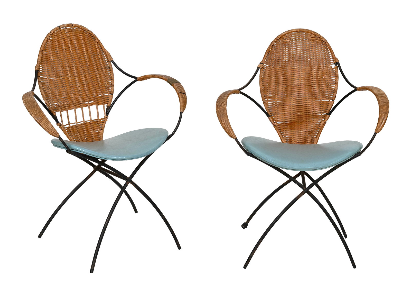 TWO SHAVER HOWARD WICKER AND IRON CHAIRS North Carolina, Circa 1960 Back heights 32.5". (1 of 1)