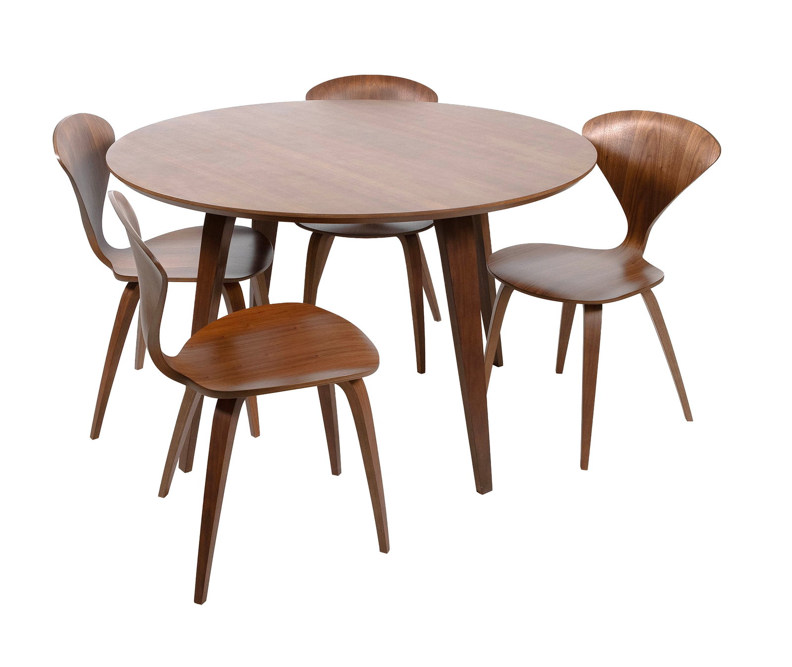 CHERNER CLASSIC WALNUT DINING TABLE AND FOUR MATCHING CHAIRS 20th Century Table height 30". Diameter (1 of 4)