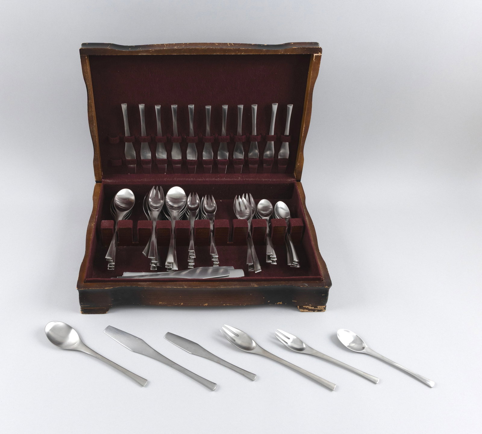 DANSK "ODIN" STAINLESS STEEL FLATWARE SERVICE FOR TWELVE Circa 1960 Lengths to 8.5". (1 of 2)
