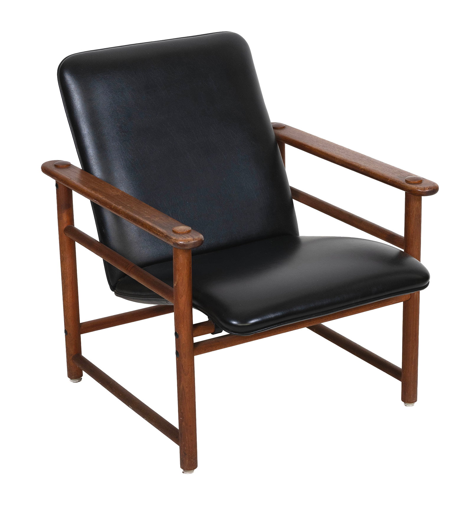 MID-CENTURY MODERN-STYLE TEAK LOUNGE CHAIR 20th Century Back height 30".: MID-CENTURY MODERN-STYLE TEAK LOUNGE CHAIR20th CenturyBack and seat with black upholstery. Apparently unmarked.Back height 30".