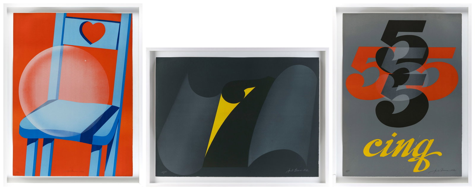 JACK BRUSCA (New York, 1939-1993), Three pop art works:, Color screenprints, sheets 22" x 30".: JACK BRUSCANew York, 1939-1993Three pop art works: 1) Cinq, 1972. Signed, titled, dated and numbered 43/150 in pencil lower margin.2) Seven, 1972. Signed, titled, dated and numbered 47/150 in pencil l