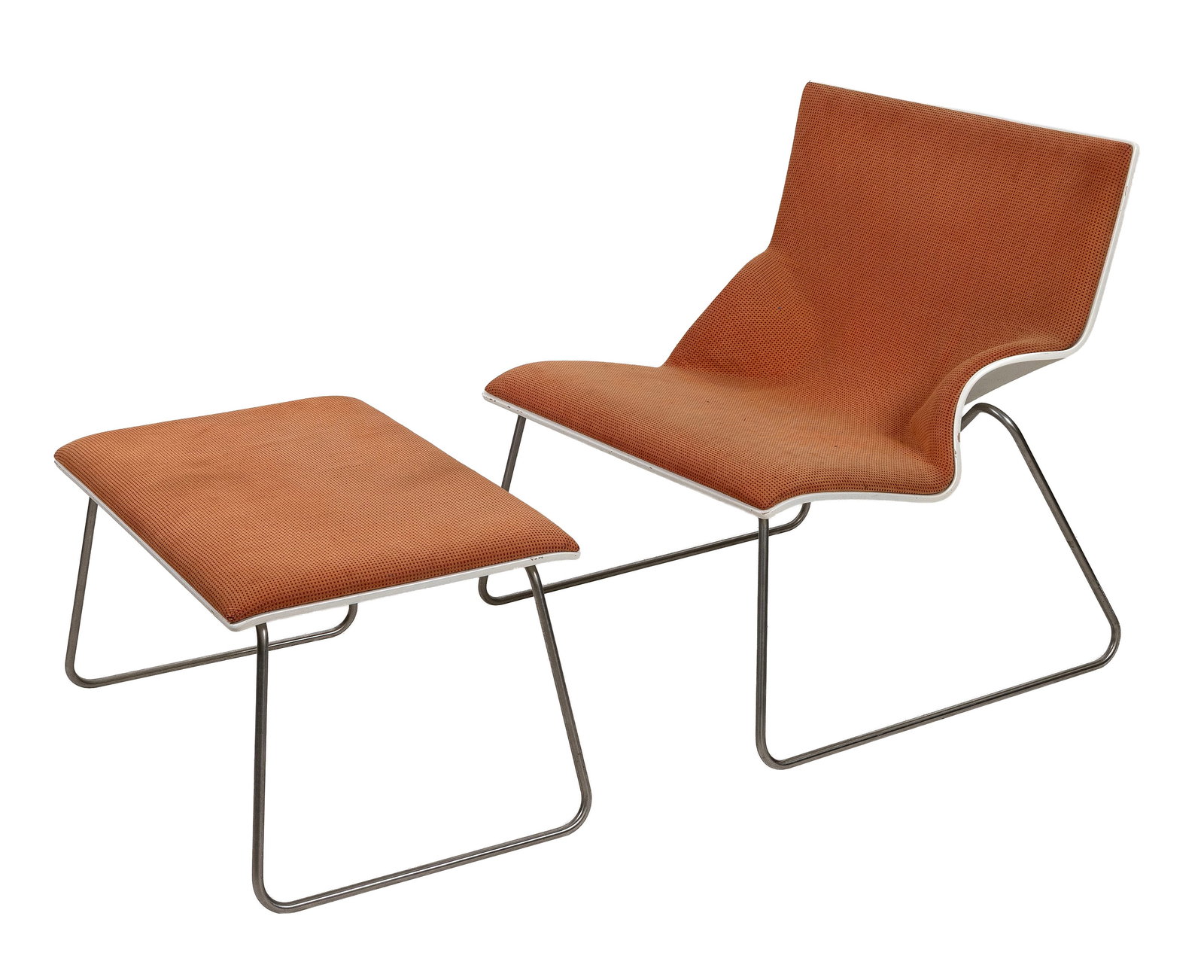SKID CHAIR AND MATCHING OTTOMAN ATTRIBUTED TO MARKUS LEHS AND JURGEN LAUB FOR THONET Stuttgart,: SKID CHAIR AND MATCHING OTTOMAN ATTRIBUTED TO MARKUS LEHS AND JURGEN LAUB FOR THONETStuttgart, Germany, Circa 1999-2005Painted plywood shell with orange fabric upholstery. Tubular metal legs.Chair bac