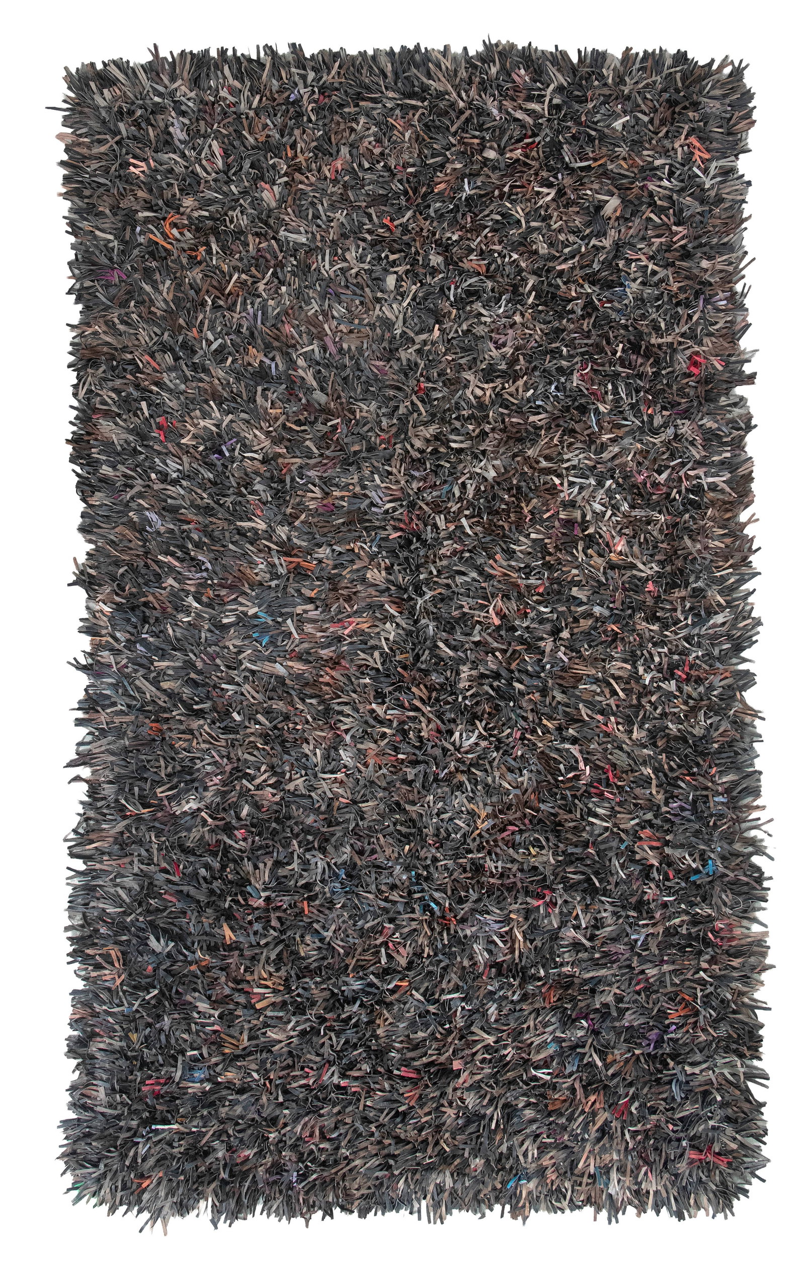 CUSTOM-MADE FLITTERMAN COLLECTION "ROSSINI WILD WEST" HAND-LOOMED LEATHER SHAG RUG Portugal, Late: CUSTOM-MADE FLITTERMAN COLLECTION "ROSSINI WILD WEST" HAND-LOOMED LEATHER SHAG RUGPortugal, Late 20th CenturyMulticolored leather strips on a black ground. Labeled on underside for Creative Looms, Met